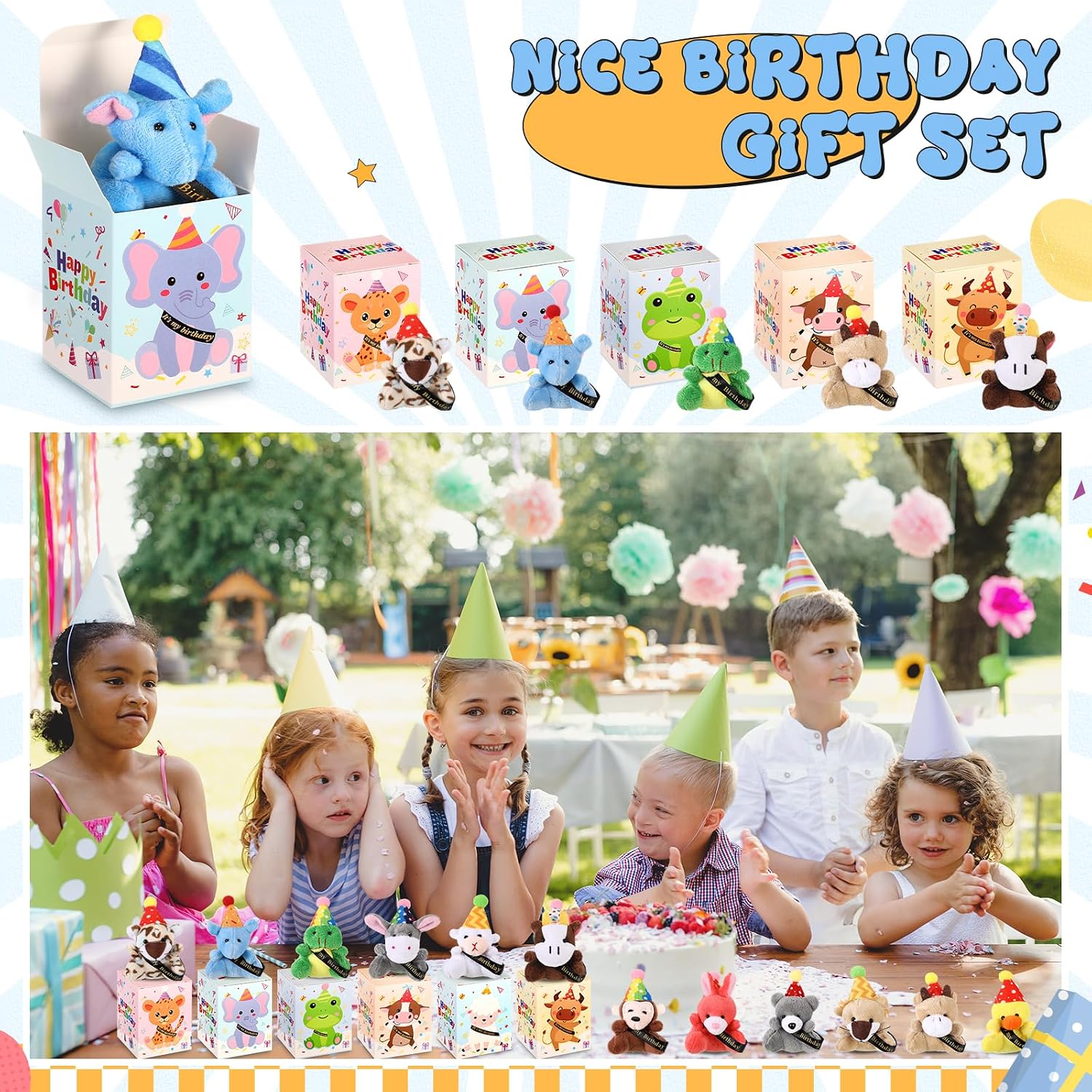 Blueweenly 24 Sets Mini Birthday Animal Plush Toy with Hat Small Stuffed Animal with Boxes Gift Set for Student Classroom Reward Gifts Birthday Party Favors Gift Decorations