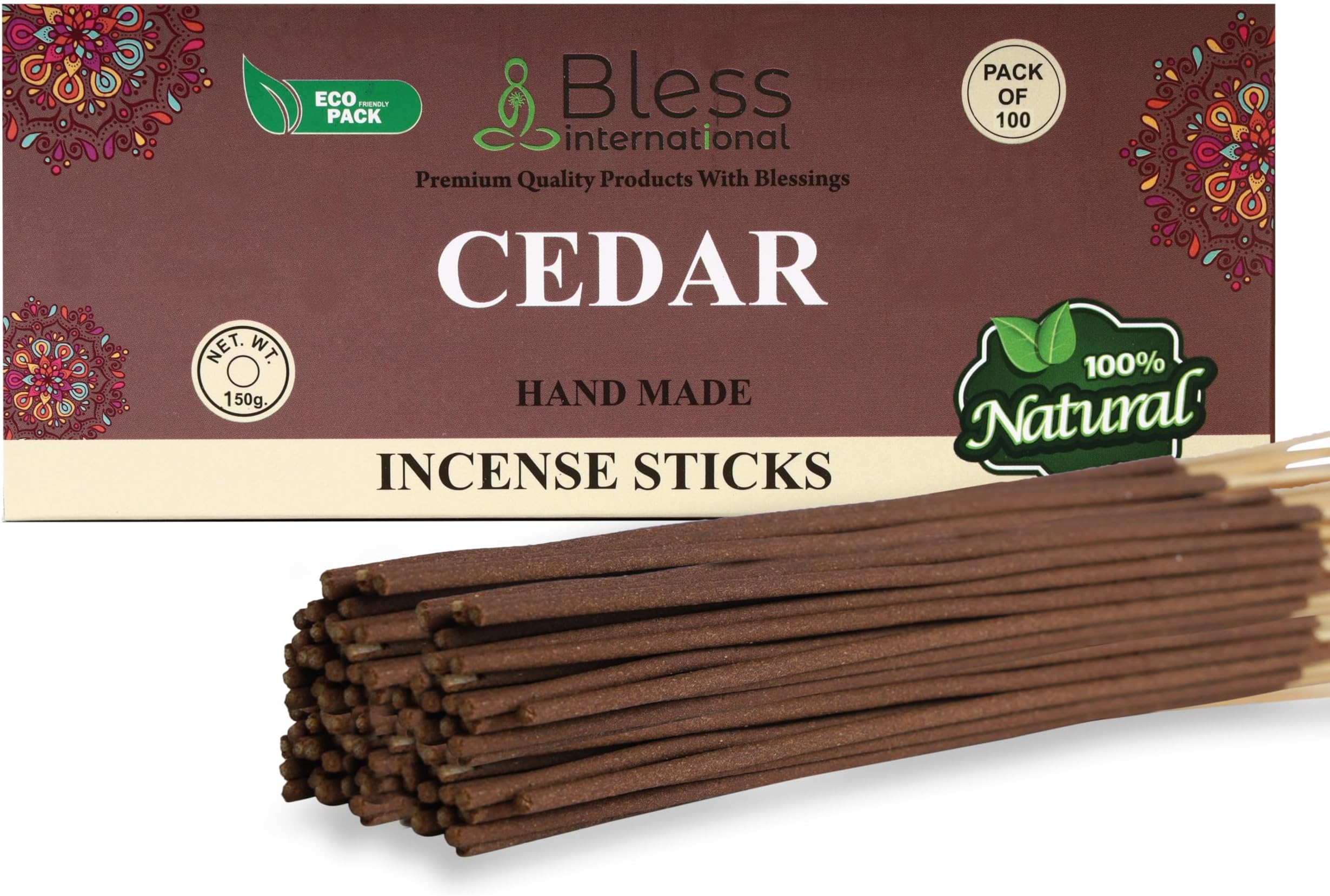 Bless-Cedar 100%-Natural-Handmade-Hand-Dipped-Incense-Sticks Organic-Chemicals-Charcoal-Free Purification-Relaxation-Positivity-Yoga-Meditation Best-Woods-Scent (100 Sticks(5.25 OZ))