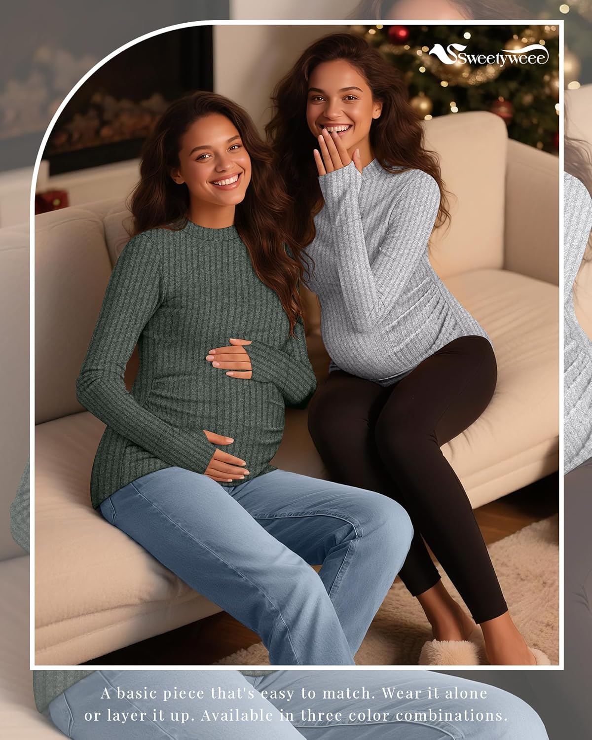 3 Pack Women's Maternity Shirts Mock Turtleneck Long Sleeve Ribbed Pregnancy Tops with Thumb Hole Mama Clothes - Image 5