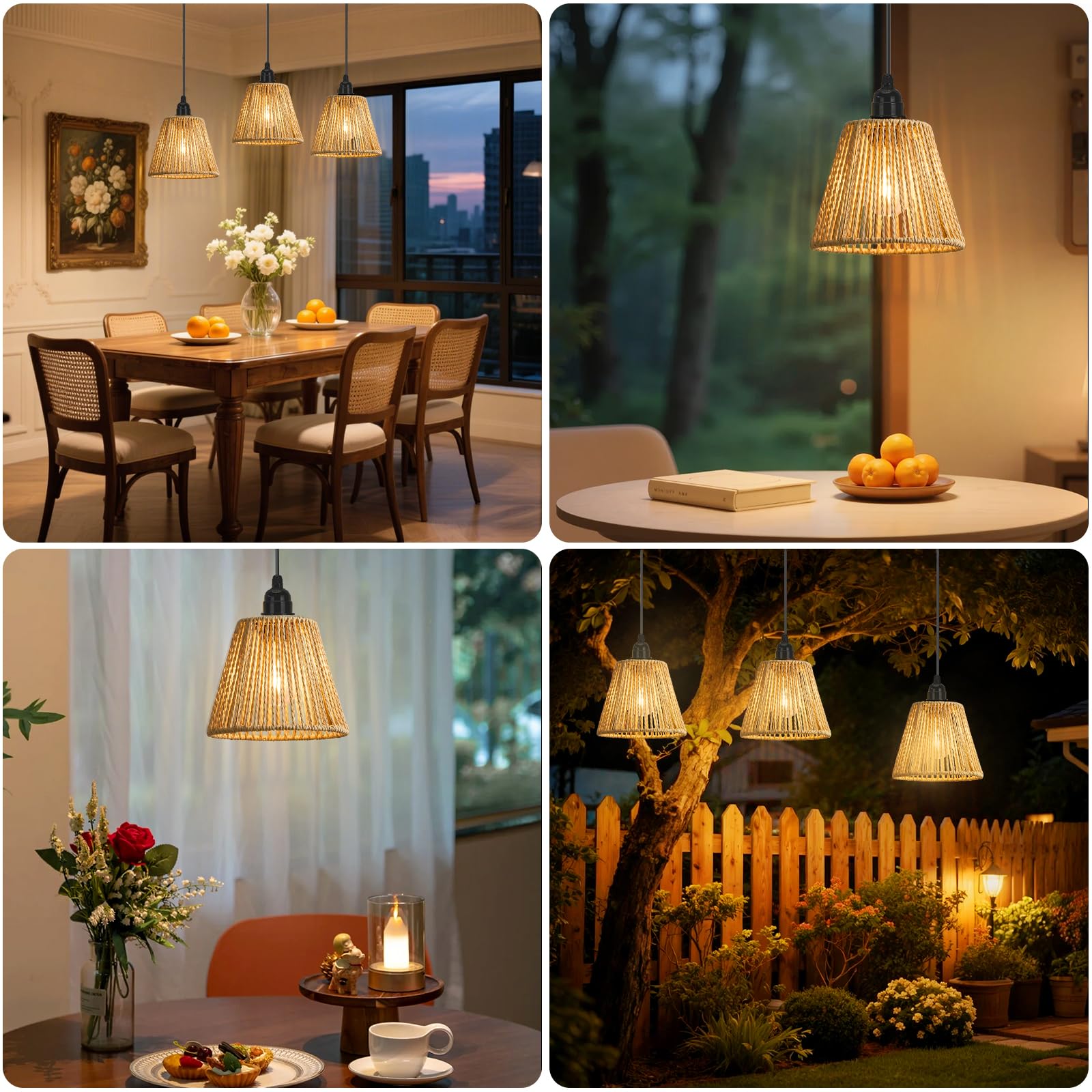 Lightess 3x Pendelleuchte Akku Hängelampe dimmbar Hängeleuchte Boho IP65 | Rattan-Lampenschirm, ohne Stromanschluss, Fernbedienung dimmbar 4 Stufen & Timer für Garten, Terrasse, Schlafzimmer, Esstisch