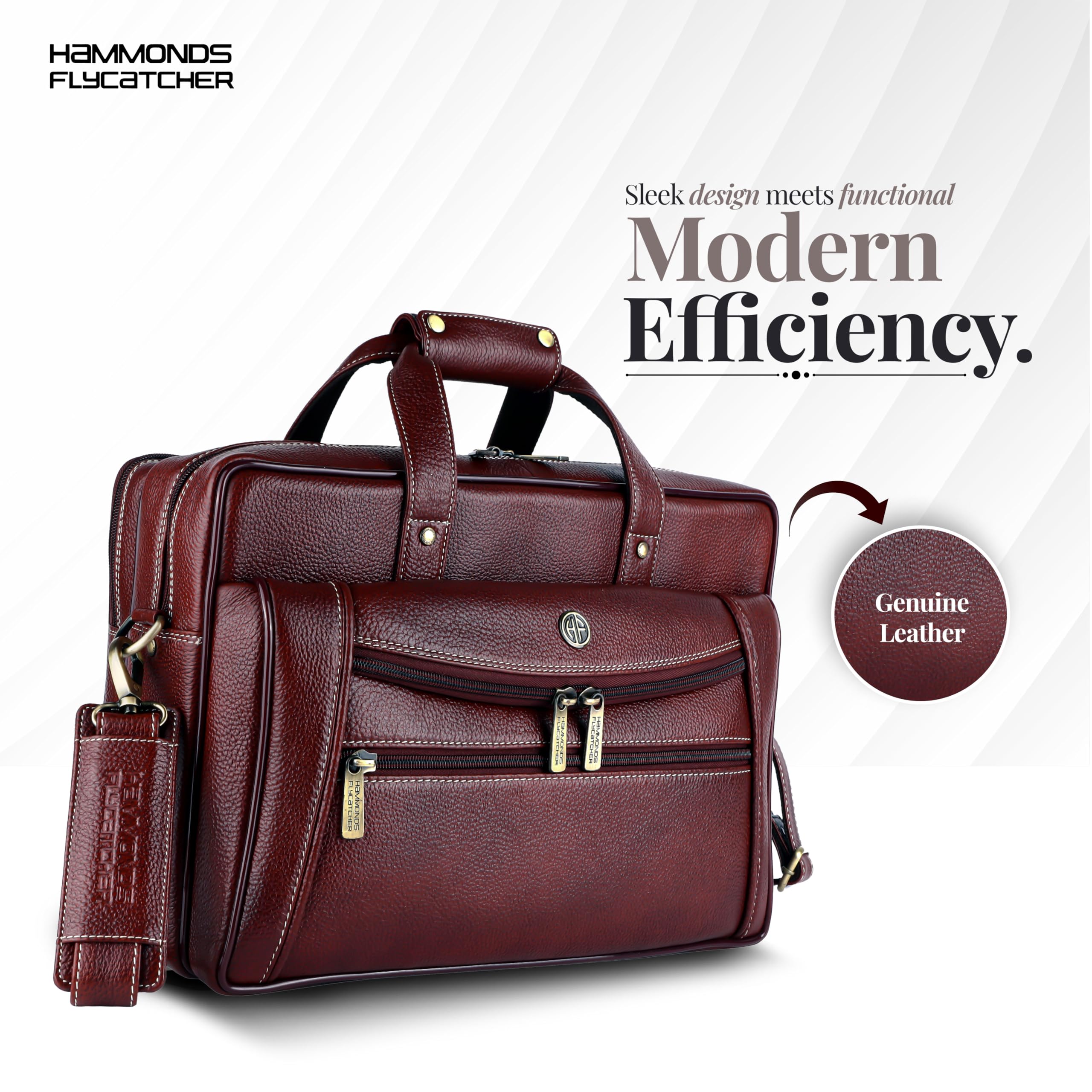 HAMMONDS FLYCATCHER Genuine Leather Office Bag for Men - 15.6" Laptop Bag for Men for Office, Travel, Daily Use - Padded Laptop Compartment, Trolley Strap, Adjustable Strap, 1 Year Warranty, Brown