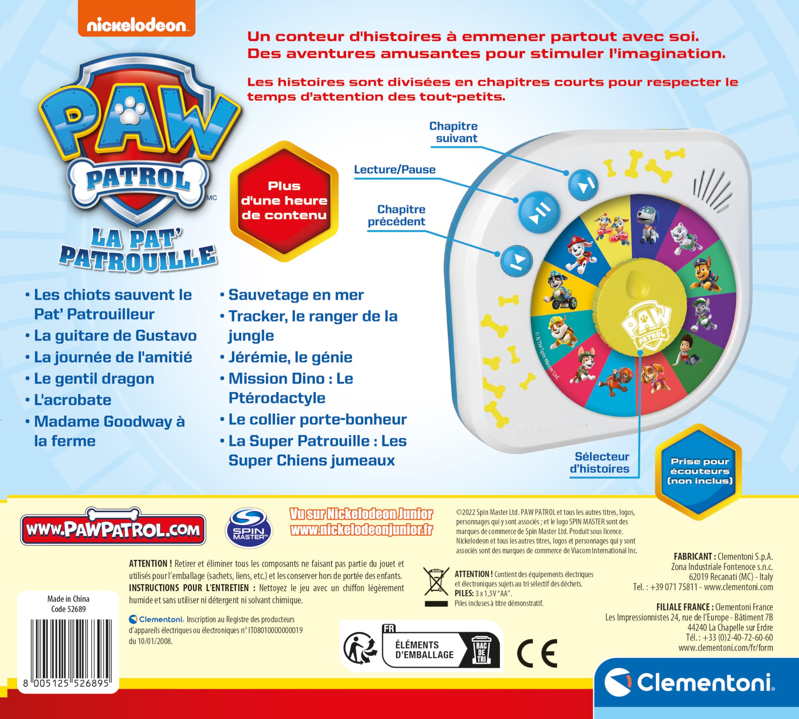 Clementoni - Il était Une Fois Les Aventures de la Pat' Patrouille - Conteur d'Histoire Intuitif 3 Ans + - 12 Histoires - Jeu Éducatif Imagination et Écoute - Idee Cadeau - Paw Patrol