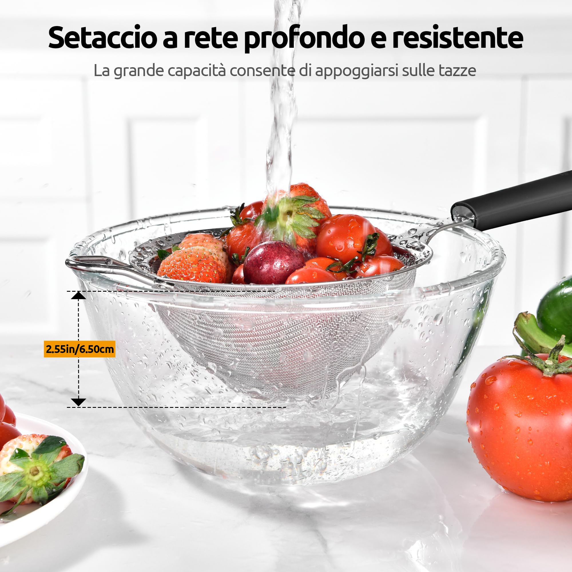 U-Taste Setaccio a Maglia Fine: Colino da Cucina in Acciaio Inossidabile 18/8 da 12 cm con Manico in Silicone Robusto Rivettato per Setacciare la Farina, Filtrare il Tè Riso Quinoa (Nero)