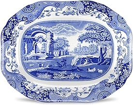 Spode Blue Italian Medium Oval Platter - 14-Inch Porcelain Serving Platter with Intricate Scroll Border & Countryside Scene - Elegant Tableware for Entertaining, Dining Displays, Gifting, Collecting