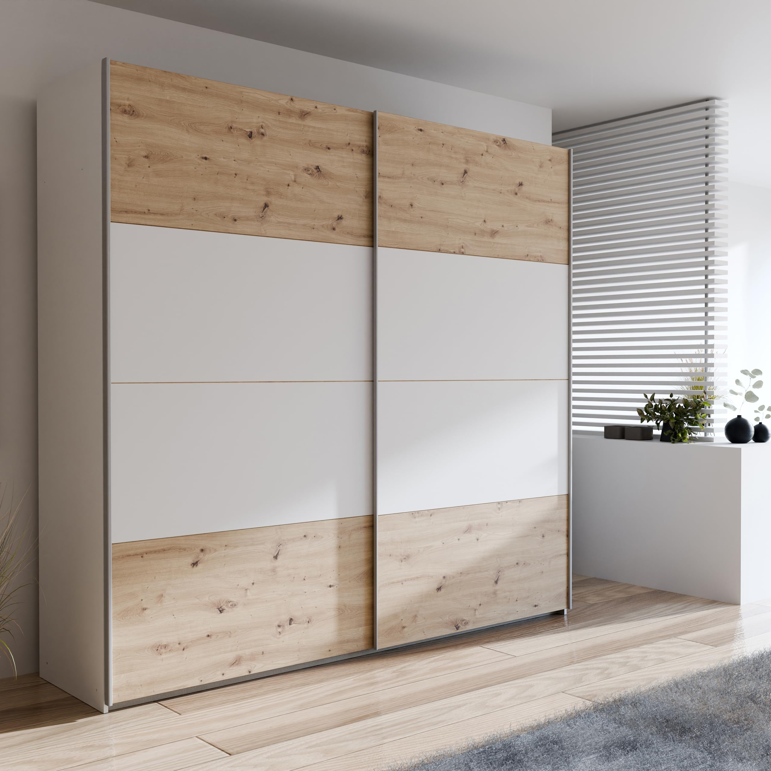 Homely | Armario de Puertas correderas DOMY 220 | Acabado Laminado sintético Color Roble Artisan/Blanco Mate | Medidas 220x61,2. Altura 210 cm. | Diseño Funcional