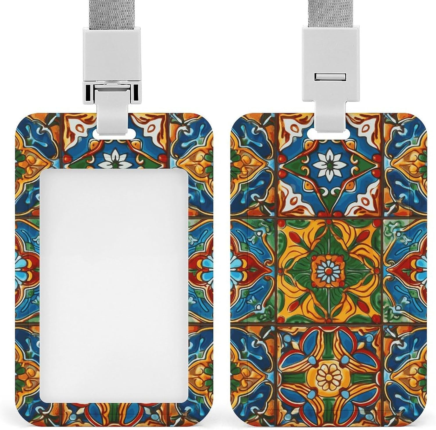 Sliding Mexican Ceramic Tile Id Badge Holder with Breakaway Lanyard
