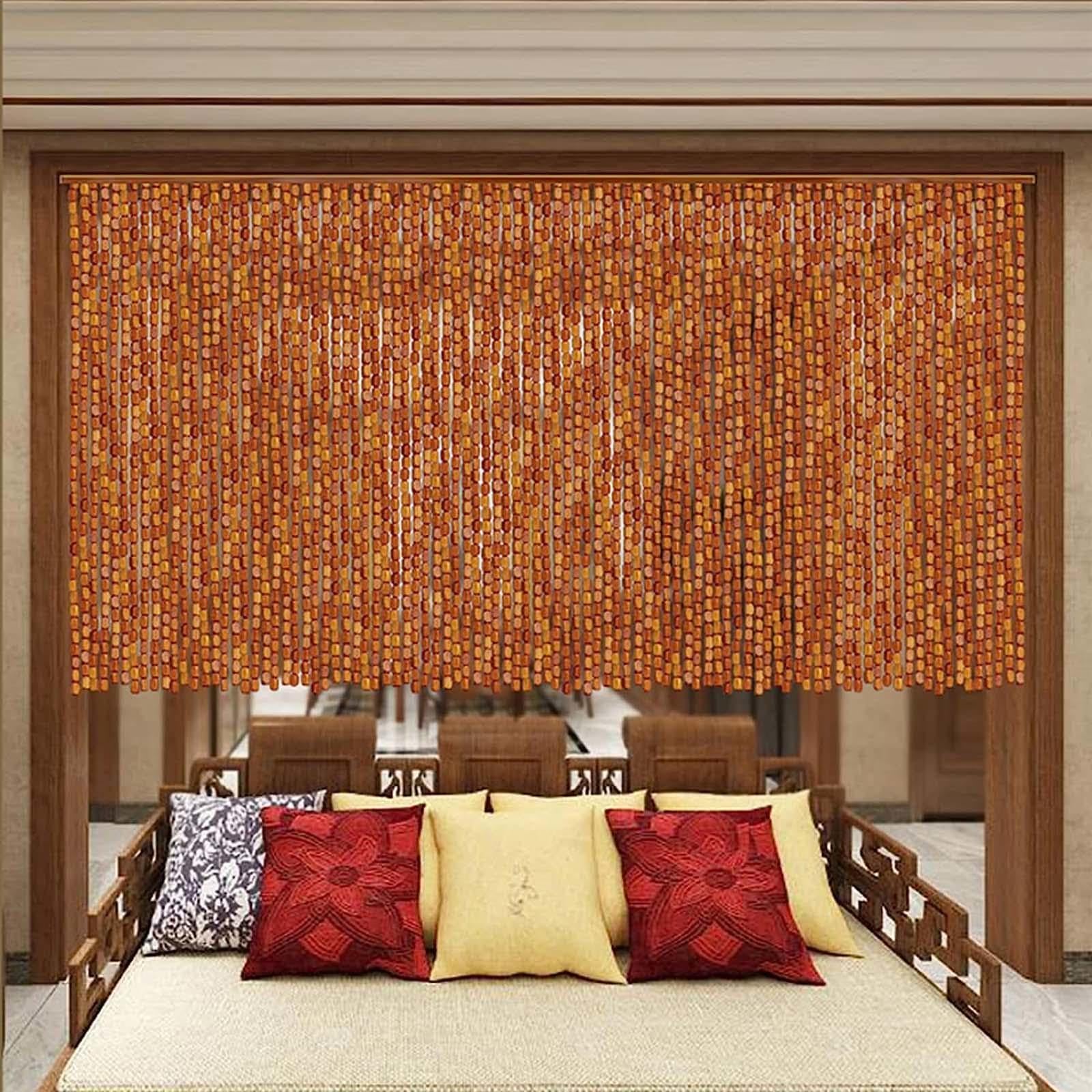 Rideau De Perles en Bambou Naturel Rideau De Porte en Perles De Bois,Rideau De Séparation Rétro en Perles Brins,Anti Mouche/Fait Main,Panneau De Rideau De Perles Suspendu,W×H-130strands(130×200cm)