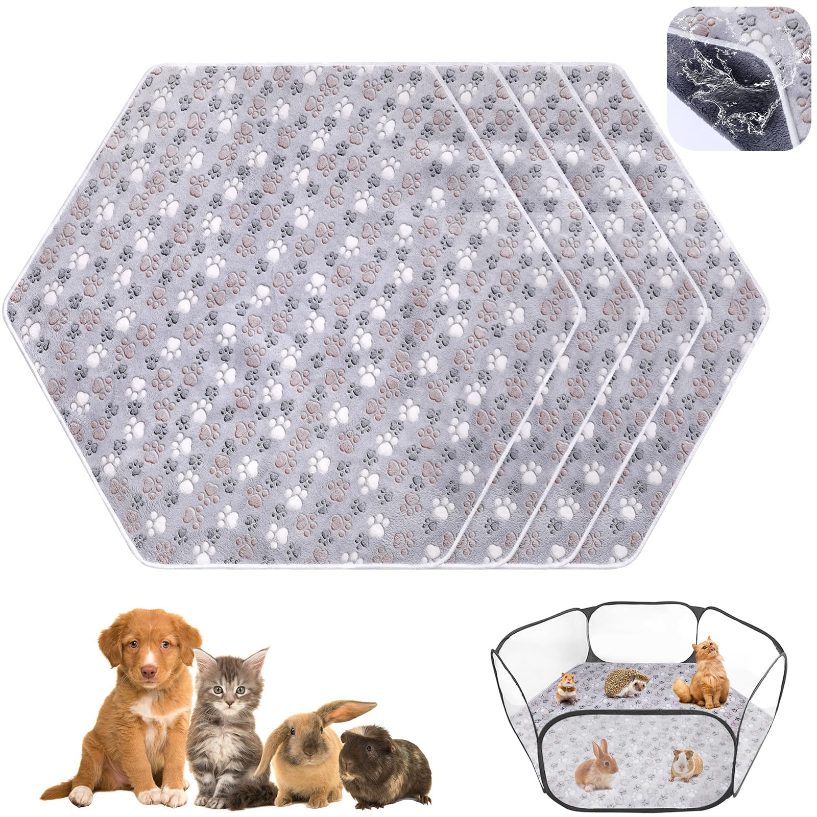 Preboun 4 Pcs 47 in Guinea Pig Playpen Pad Waterproof Hexagon Mat Reusable Dog Playpen Liner for Small Animal Rabbit Cage Tent Pee Pad Washable Yard Fence(Gray Paw)
