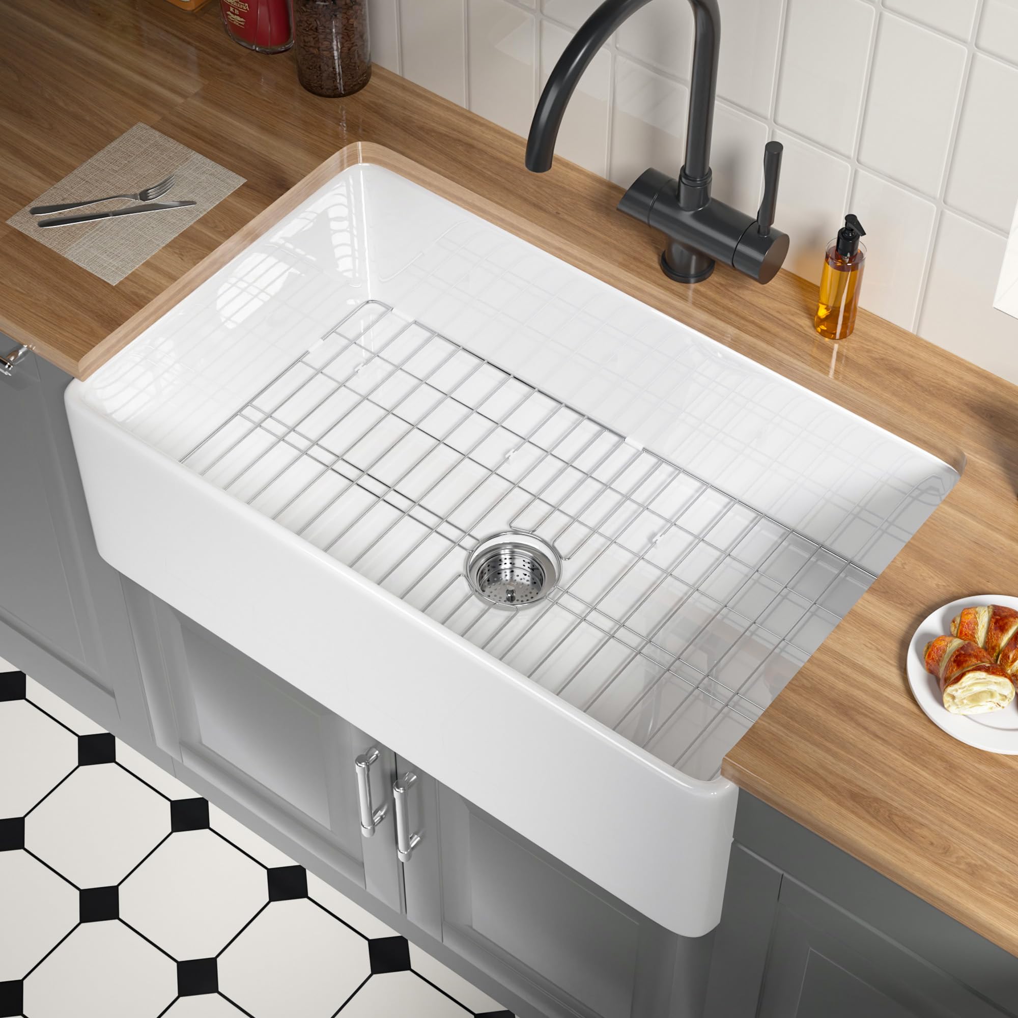 Apron Front Farmhouse Sink 33 Inch, 33''Wx20''Dx10''H White Fireclay Farm Sink for Kitchen, Heavy Duty Fireclay, Single Bowl, Undermount Installation, 2 Accessories