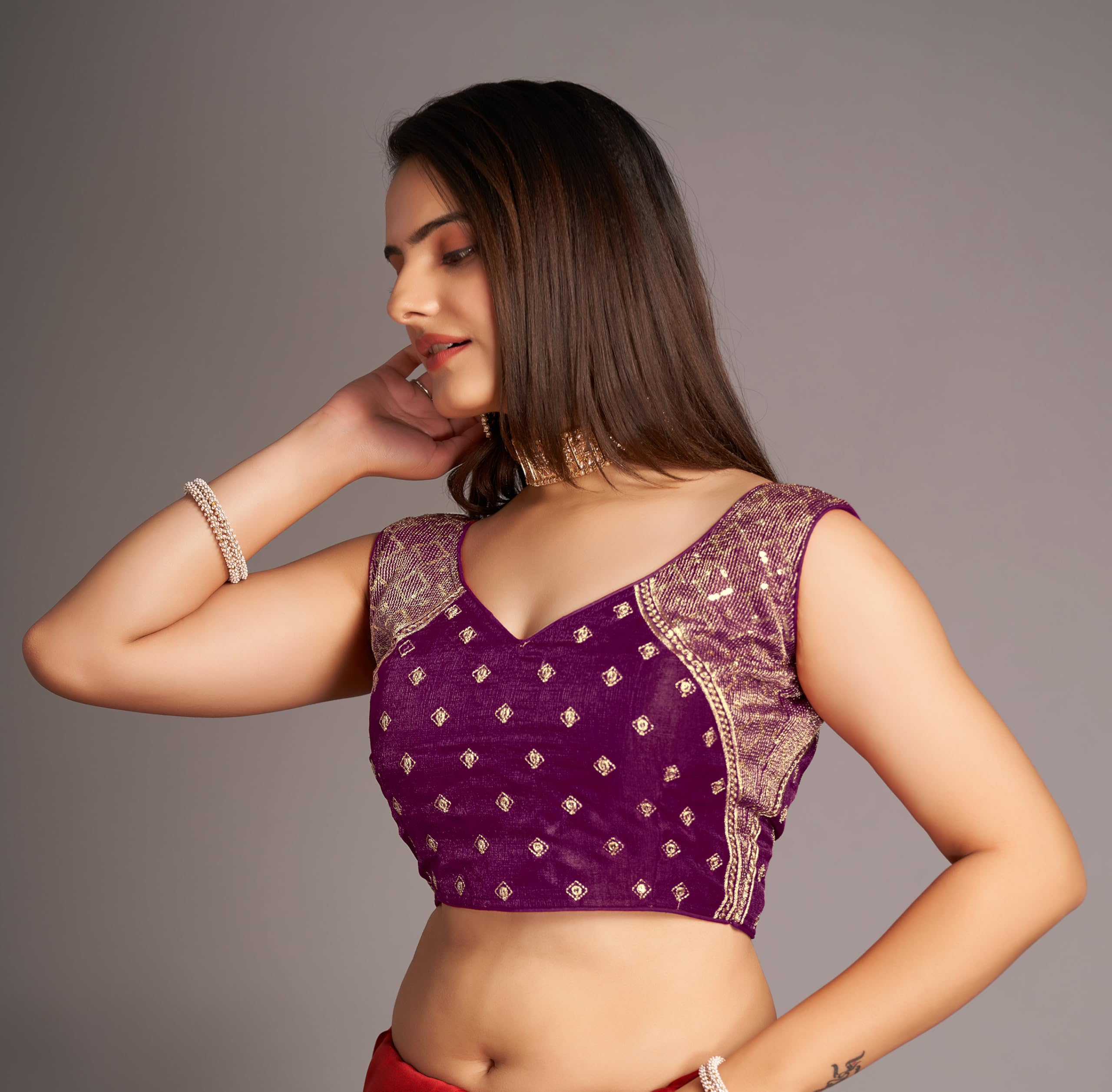 Pujia Mills Women's Sequin Embroidered V Neck Sleeveless Wine Readymade Saree Blouse Indian Ethnic Stitched Padded Blouses For Women