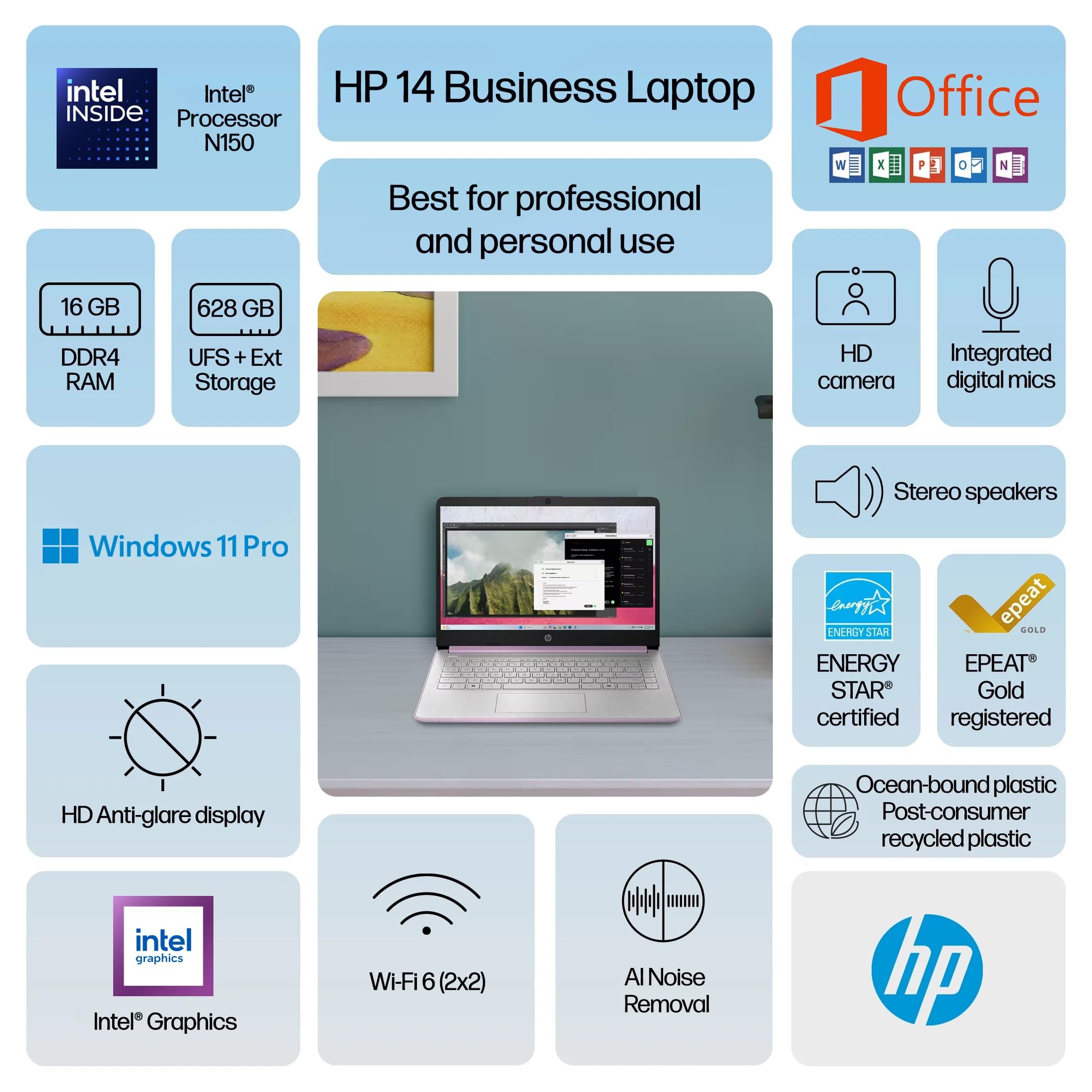 HP 14" Laptop 2025 Business Student Slim Computer, Lifetime MS Office, Copilot AI, Quad-Core Intel CPU, 16GB RAM, 628GB Storage (128GB UFS+500GB Ext), MarxsolAccessory, Wi-Fi 6, Win 11 Pro, Lavender