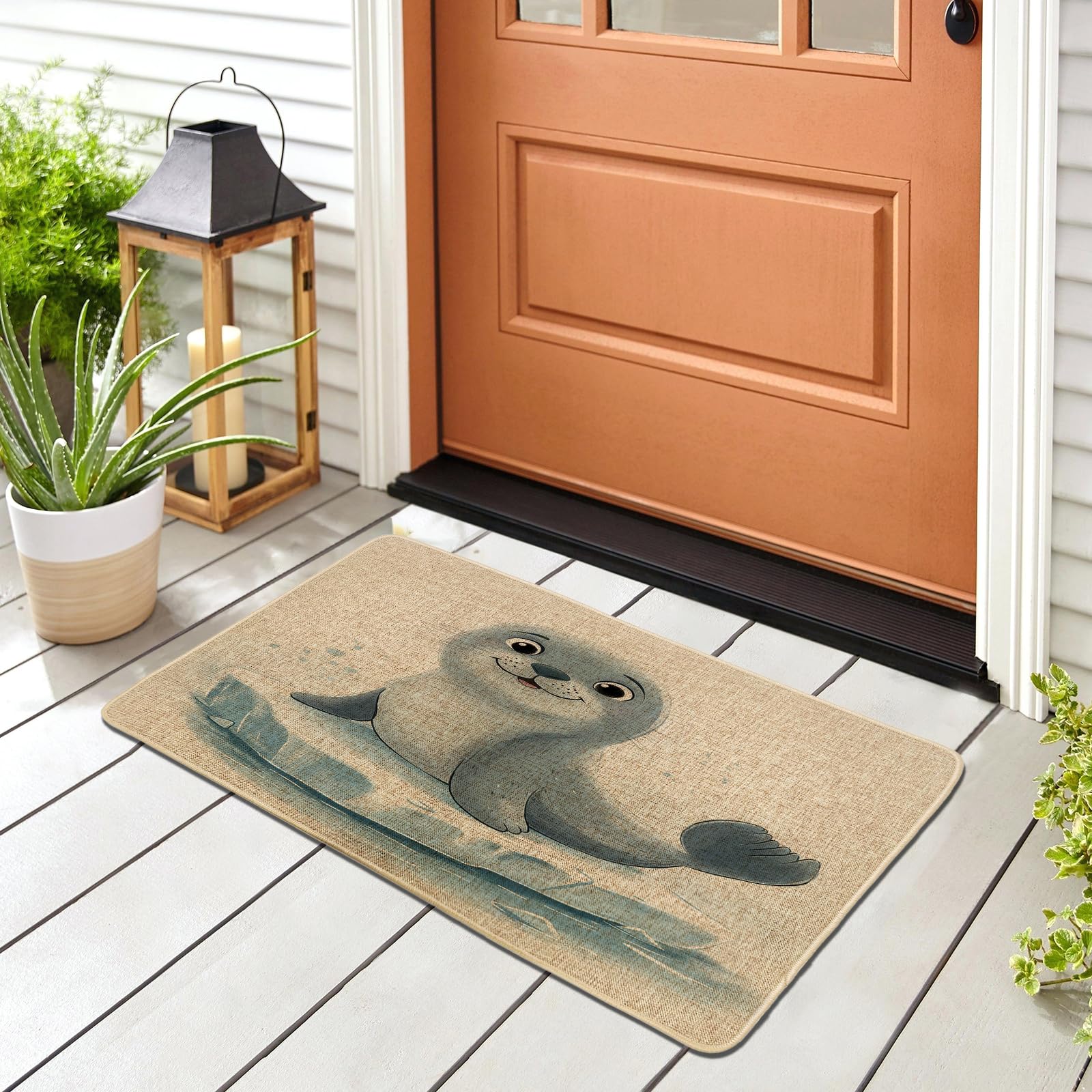 Paillasson enfants tapis entrée intérieur extérieur antidérapant motif phoque noir