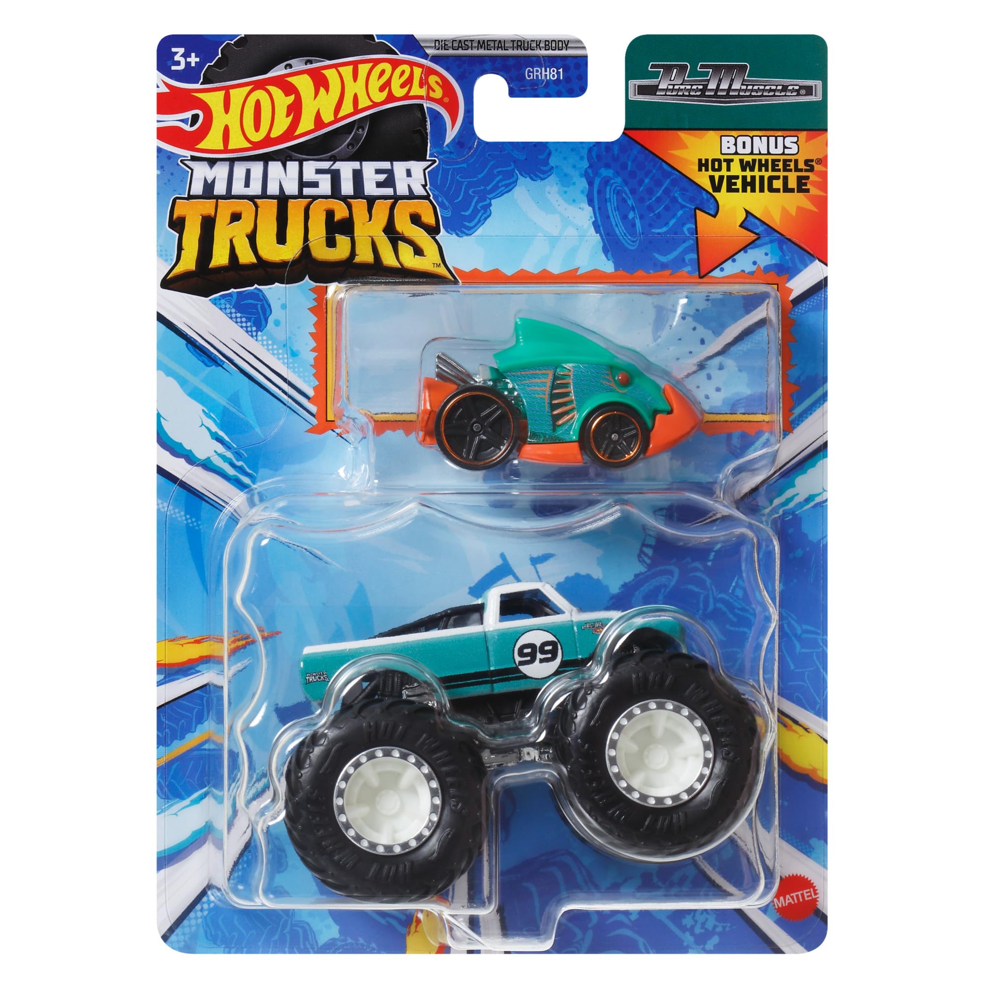 Hot Wheels Monster Trucks Toy Vehicle Truck Invader + Dragon Blaster for Kids Ages 3 and Up, Multicolored
