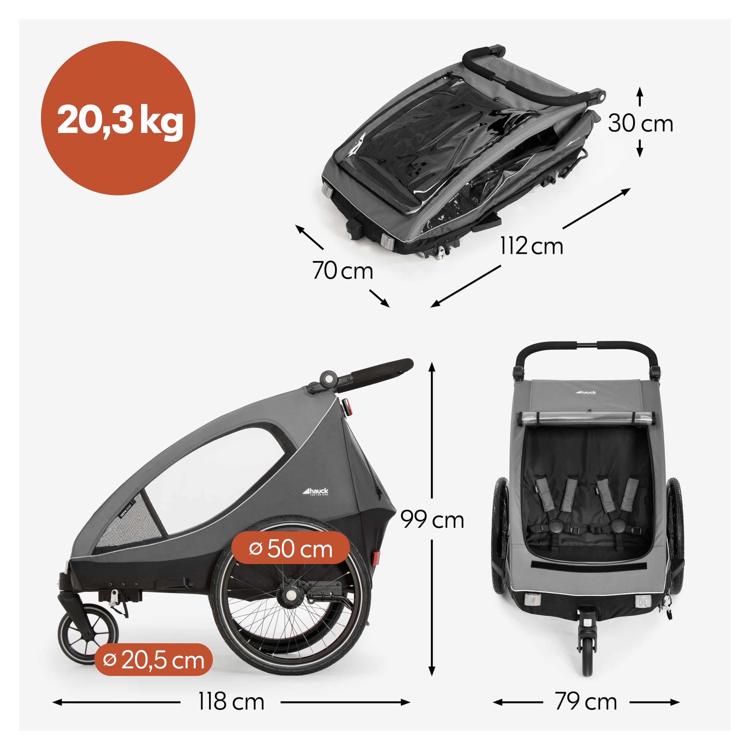 hauck Drky Duo + Regenschutz, Grey - 2in1 Kinderwagen & Fahrradanhänger für 2 Kinder ab 6 Monaten, Zwillings- & Geschwisteranhänger bis 2×22 kg, Luftreifen, Höhenverstellbarer Schieber, Faltbar