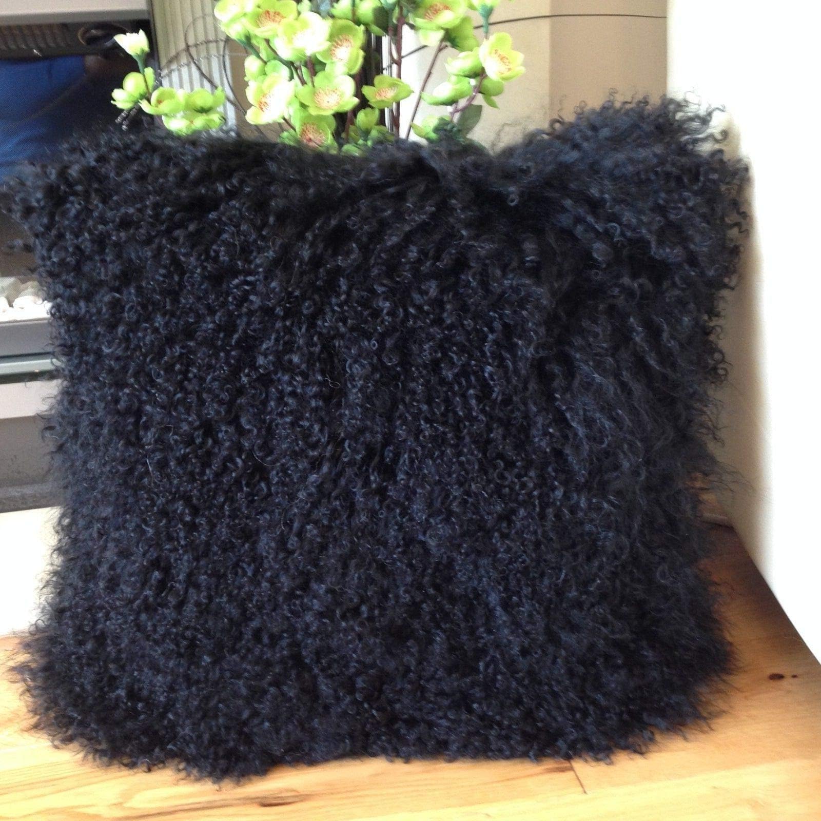 Seek4comfortable Real Tibetan Mongolian Lamb Sheepskin Wool Fur Super Soft Plush Leather Pillowcase Cushion Cover,Black, 20x20 inch