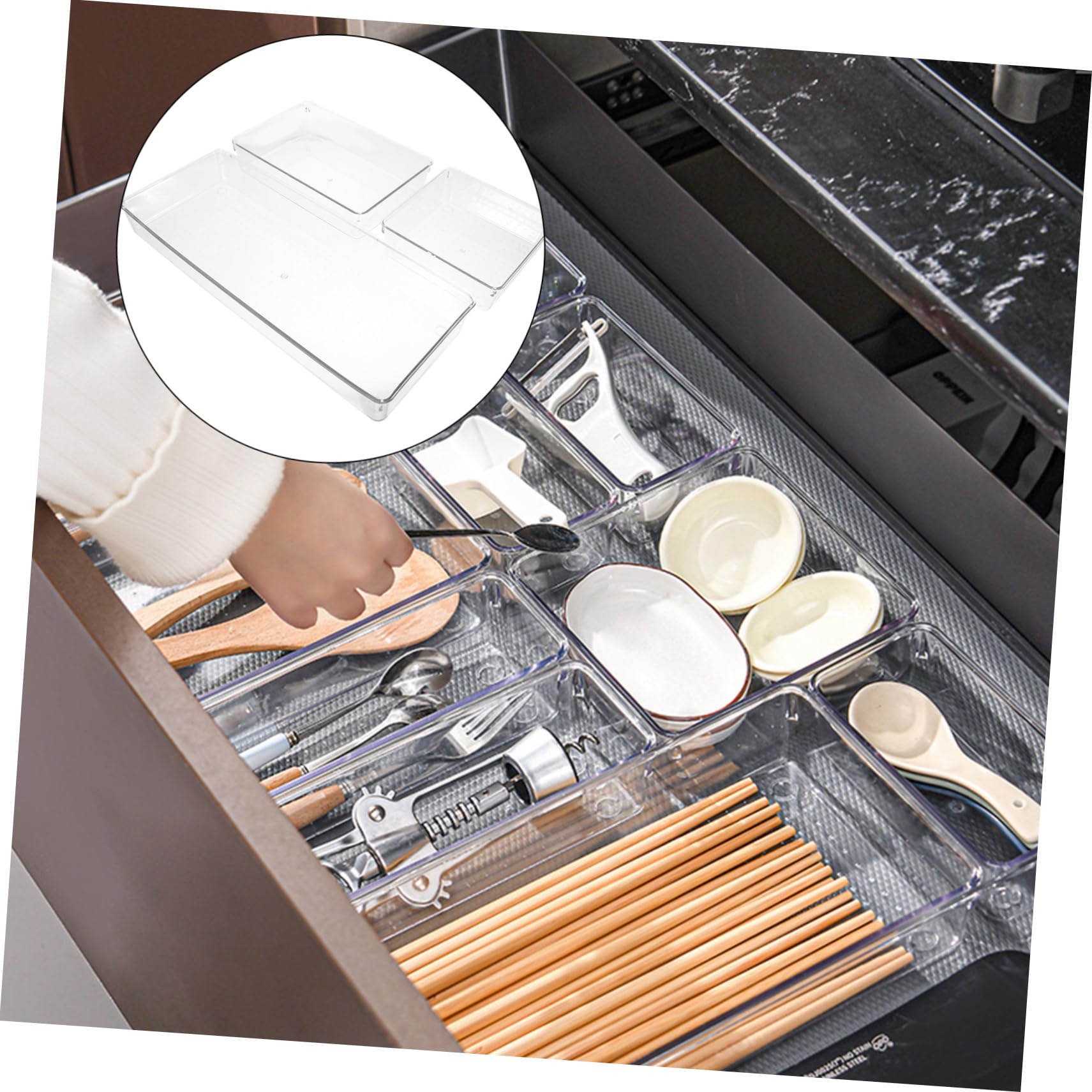 6pezzi Organizzatore di Cassetto per Cucina in Plastica Trasparente Contenitore di Inserimento per Ufficio e Casa