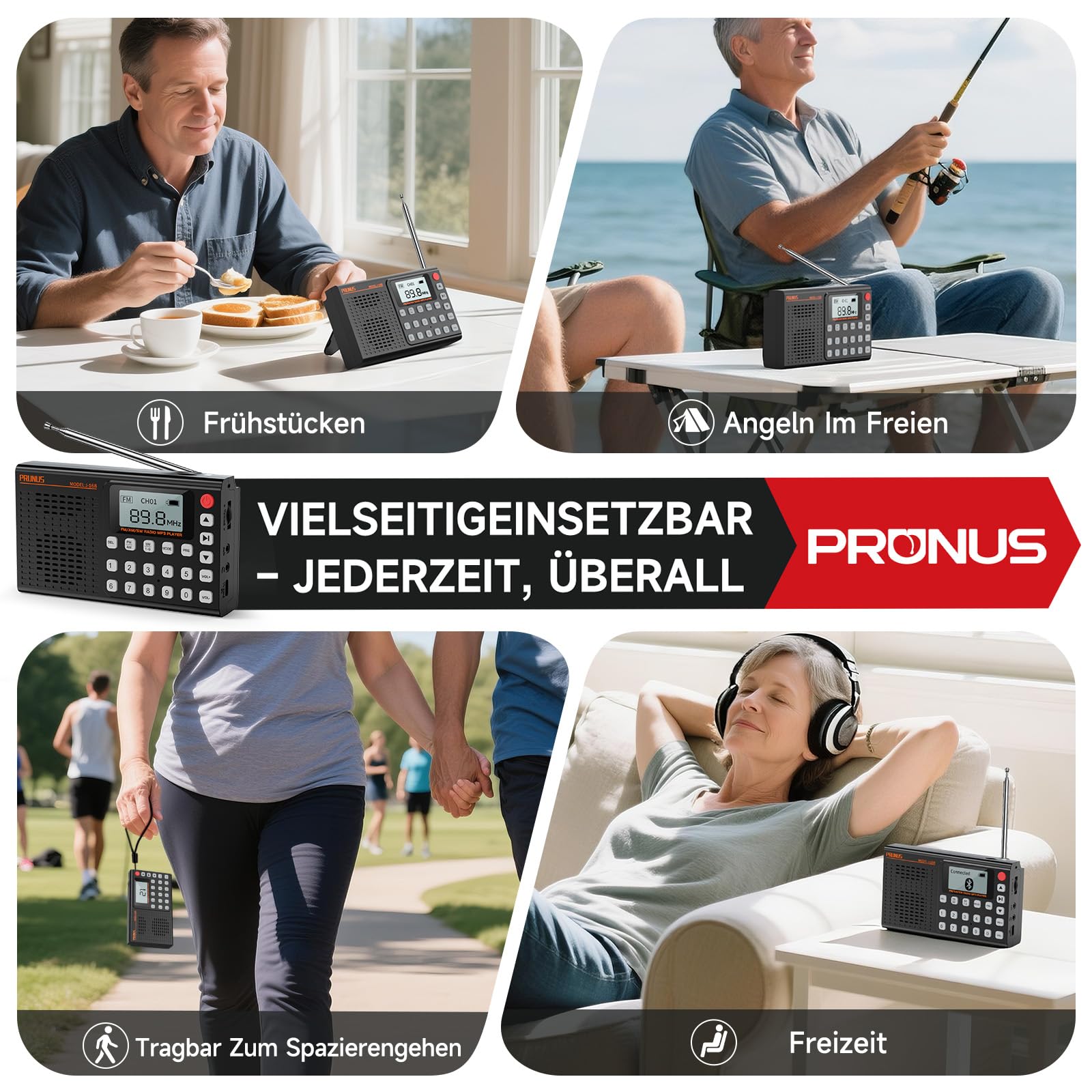 PRUNUS J-168 FM/AM/SW Digital Radio Klein Unterstützt Manueller Preset, Kleines Radio mit Akku 2000mAh, unterstützt Sleep-Timer, Exzellentem Empfang, Tragbare Radios mit Bluetooth 5.0/TF-Player.