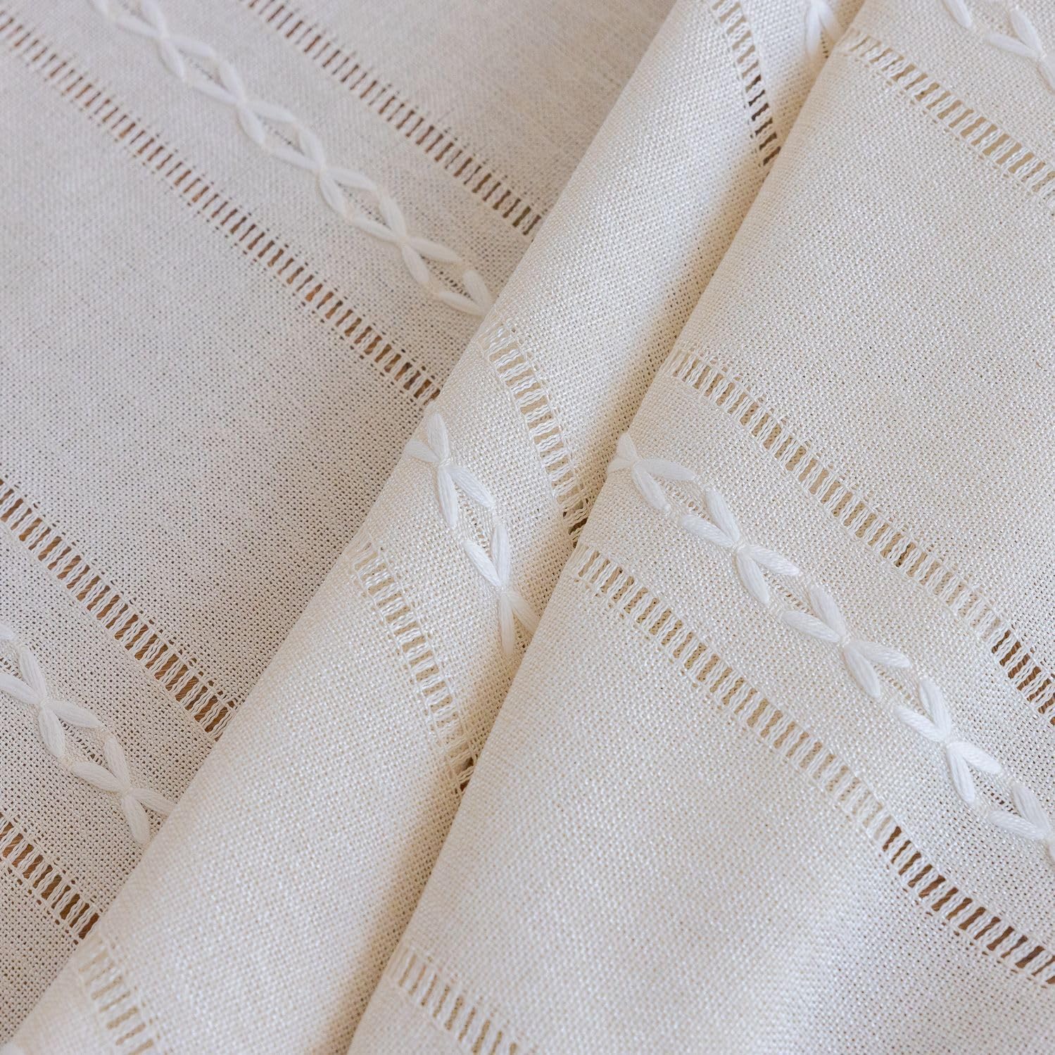 Boho Cotton Linen Curtain for Living Room 36 Inches Length 1 Panel Farmhouse Striped Embroidered Curtain Semi-Blackout Rod Pocket Drape with Tassels for Bedroom (52" W x 36" L,White)