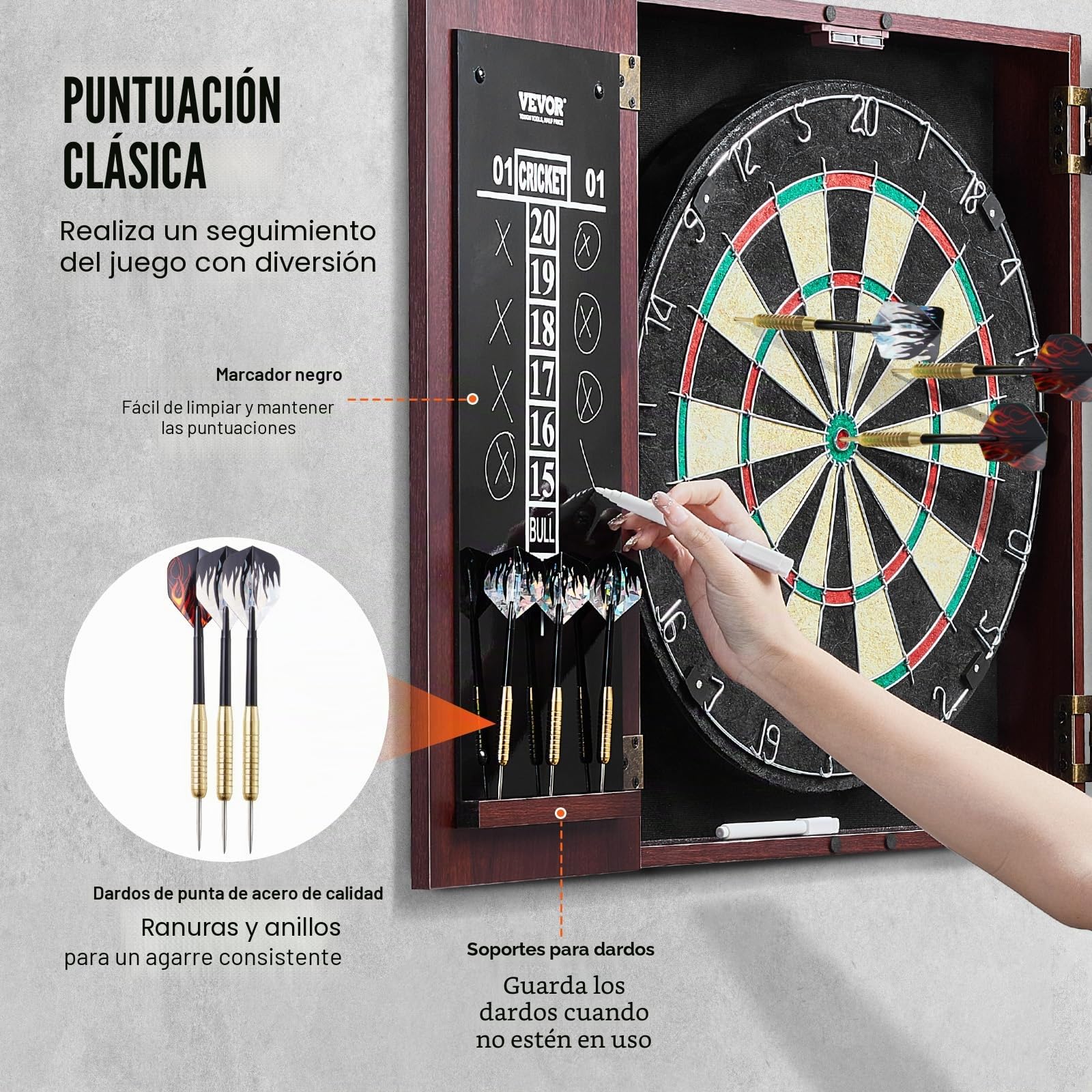 VEVOR Juego de Tablero de Dardos y Gabinete Oculto de Tamaño Oficial, Paquete Listo para Jugar, con Punta de Acero, Fácil Montaje, con Todos los Accesorios, Juegos Cricket, 45 x 3,8 cm