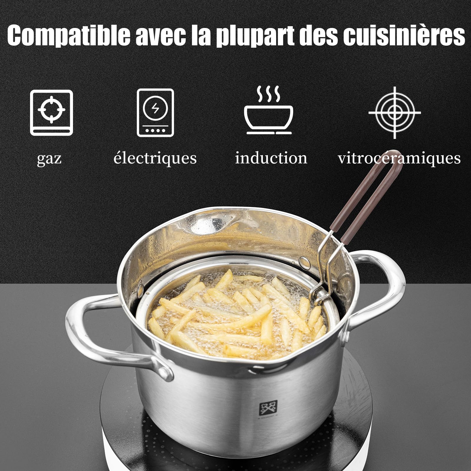 Friteuse en acier inoxydable 4L，Marmite à Friture en Acier Inoxydable avec Panier & Couvercle Verre pour Frites, Tempura, Gaz et Induction
