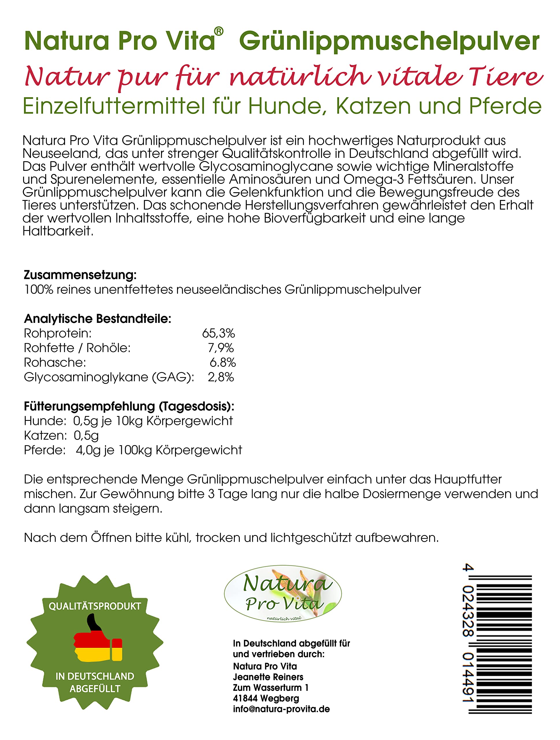 Grünlippmuschelpulver Katze gut für Knochen Gelenke Sehnen Haut Fell Natur pur Top Qualität natürliche Taurinquelle reines Grünlippmuschelpulver Glycosaminoglycane (Gag) hohe Bioverfügbarkeit 100g