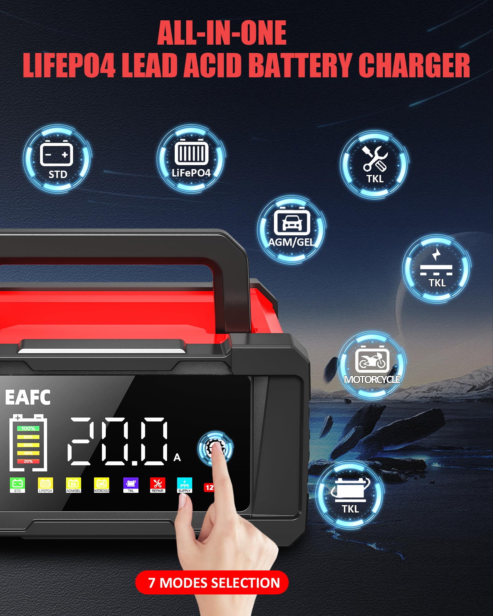 EAFC 20Amp 12V/24V Smart Car Battery Charger & Maintainer – Automatic Lead-Acid & LiFePO4 Battery Charger for Car, Motorcycle, Truck, Boat, Lawn Mower with LCD Display, Trickle Charge & Repair Mode - 3