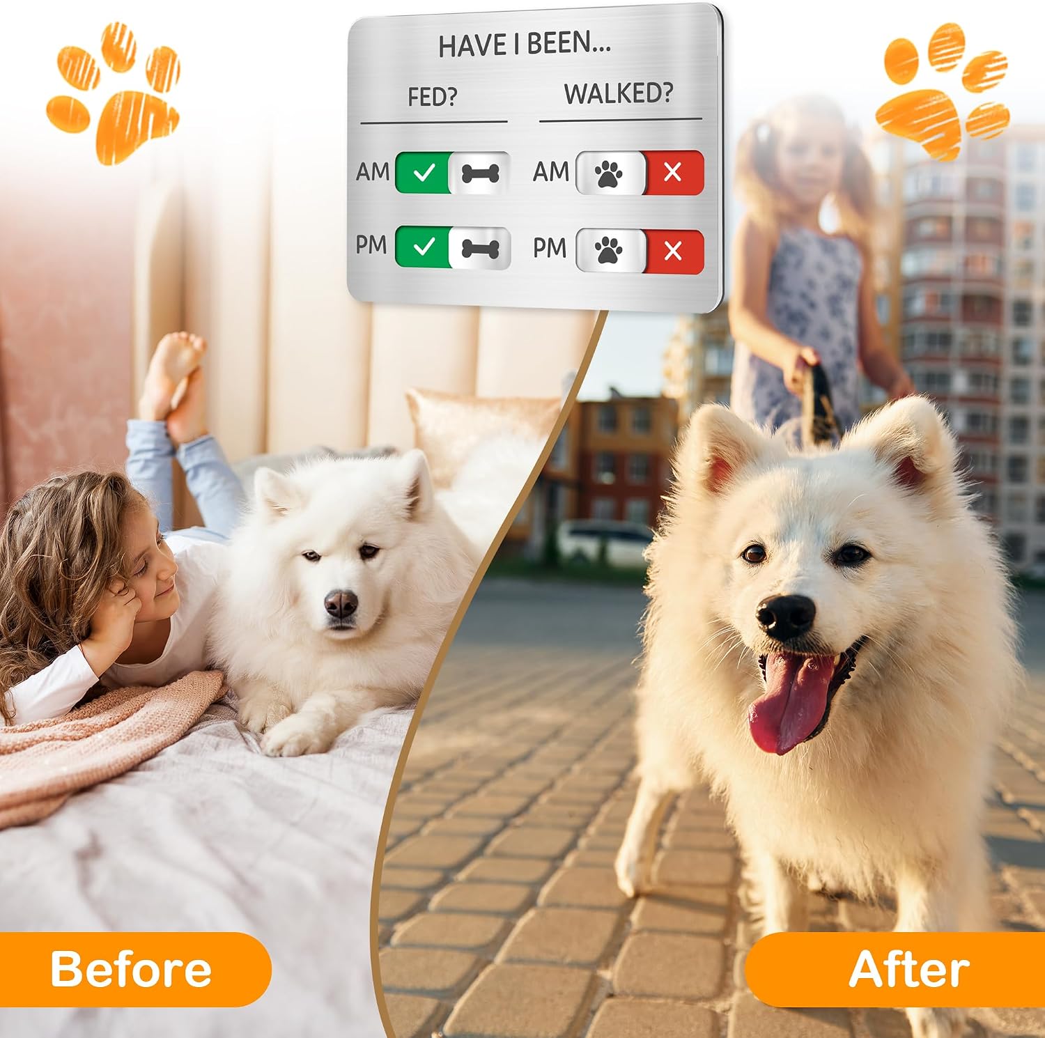 Dog Feeding Reminder Sign, Pet Feeding Tracker with Magnet, AM PM Daily Acrylic Slider Board for Fridge Wall Mounting, Plus Walking Reminder, Brushed Silver, 6.8" x 4.7" Pet Supplies