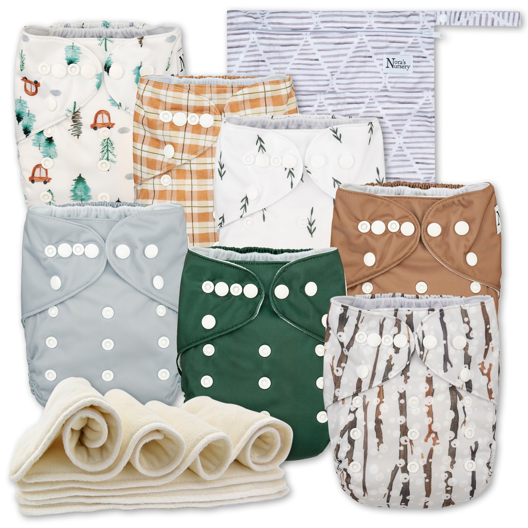 Nora's - Paquete de 7 pañales de tela con 7 inserciones y 1 bolsa húmeda, funda impermeable, lavable, reutilizable y de tamaño único para recién nacidos y niños pequeños, bosques