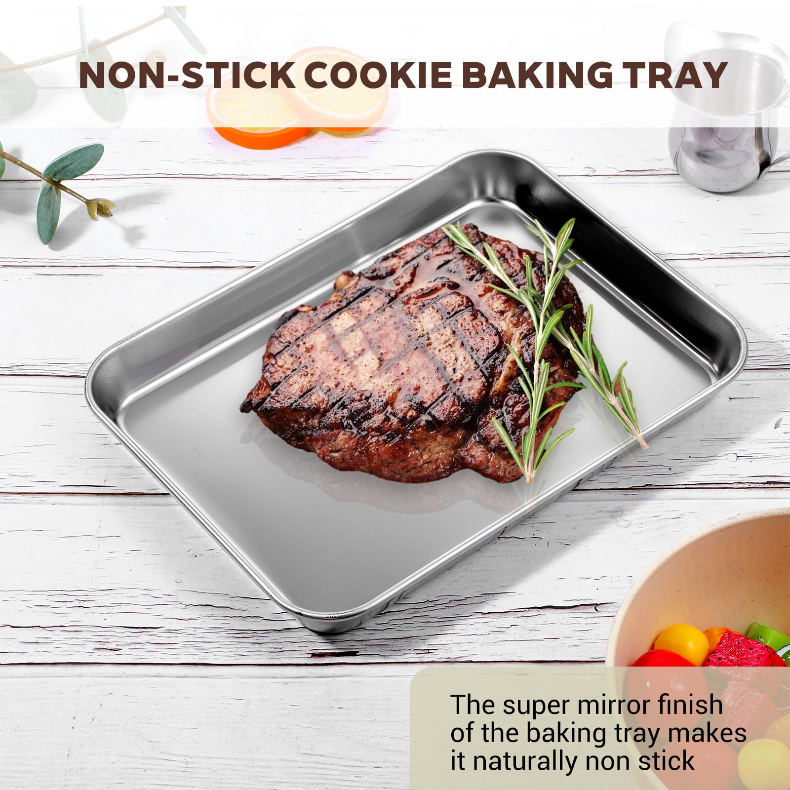 6 Pack Stainless Steel Tray Sturdy Baking Pans Metal Tray Baking Sheets Safe Cookie Sheet Toaster Oven Pan Rectangle 10.4 X 7.6 X 0.7 Inch For Kitchen Cooking, Easy Clean