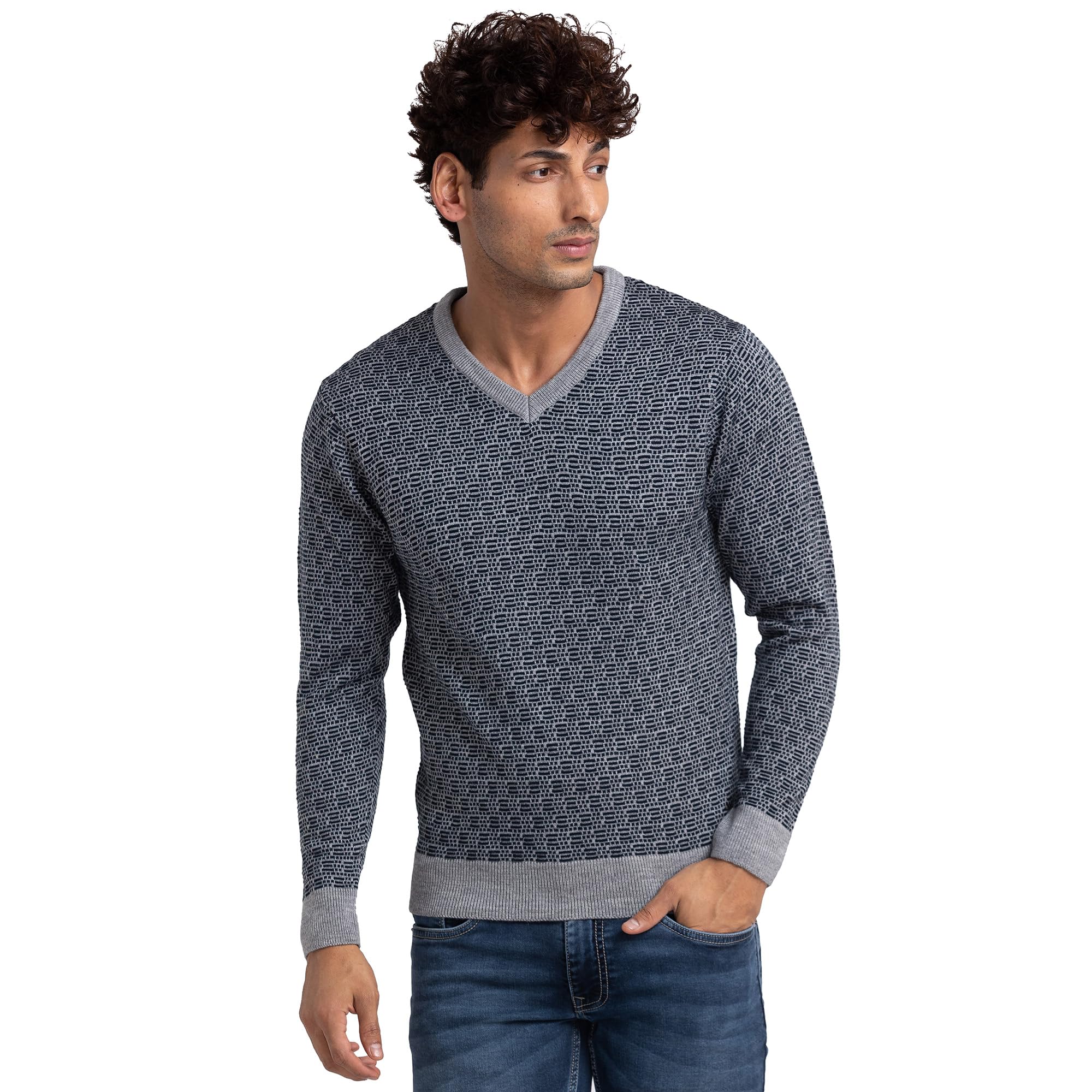 Men Regular Fit Jacquard Pattern Pure Acrylic Full Sleeve V Neck Casual Sweater-image-45