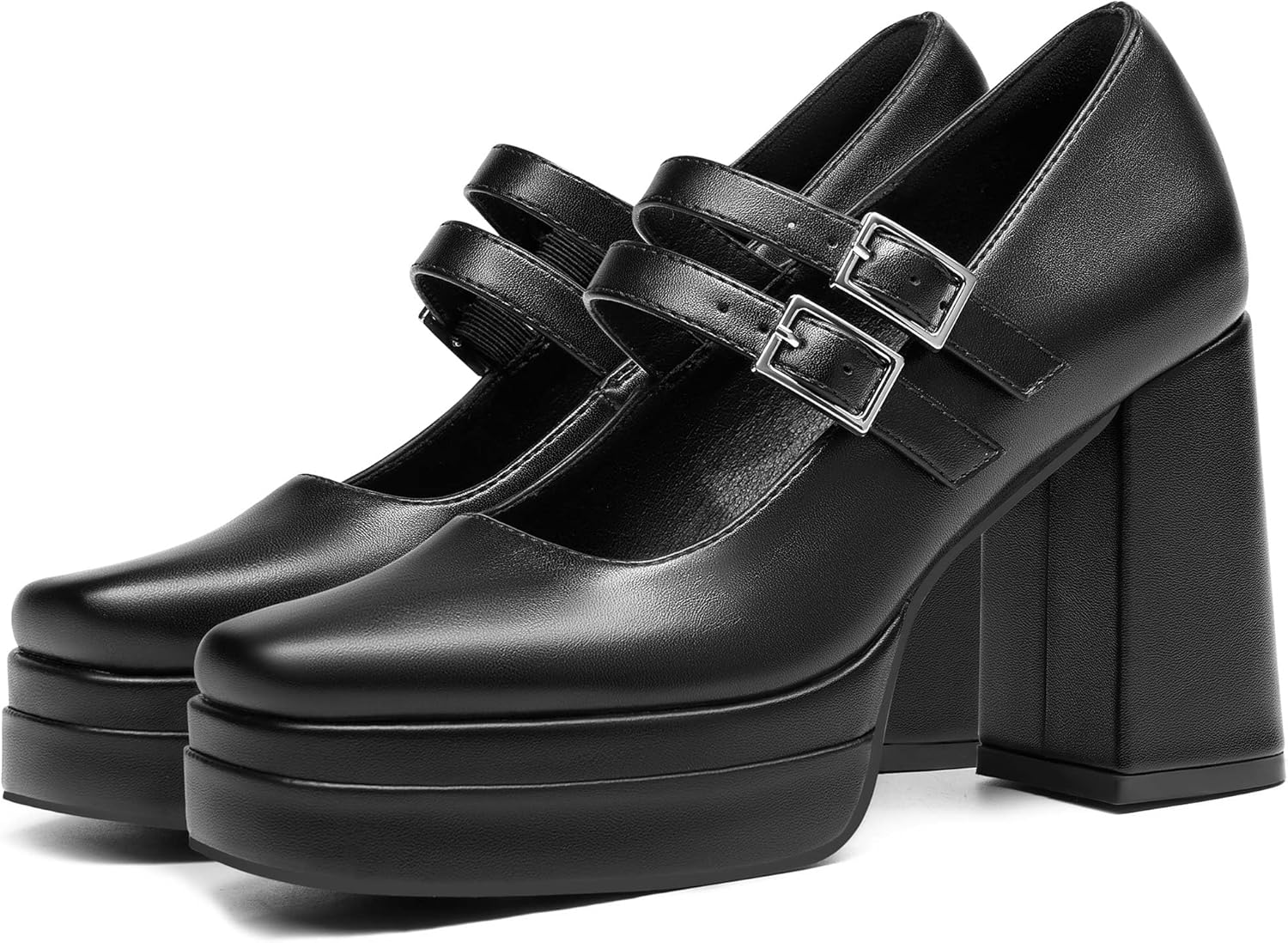 Coutgo Women's Platform Mary Jane Pumps Two Strap Square Toe Chunky Block Heel Sandals Party Shoes - Image 4