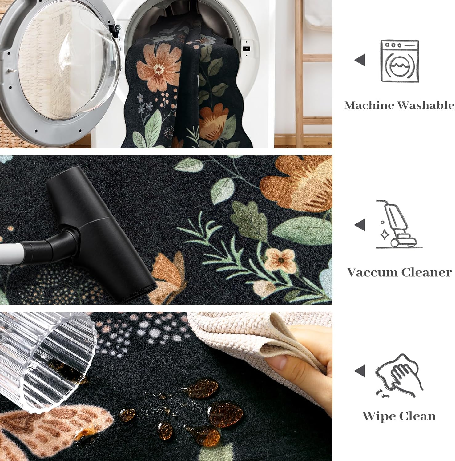 Hedlive Floral 2x3 Scalloped Rug, Washable Boho Kitchen Rugs Non Slip, Soft Low Pile Entry Way Rugs Indoor Bath Door Mat Throw Carpet for Entrance Entryway (2'x3', Black/Grey)