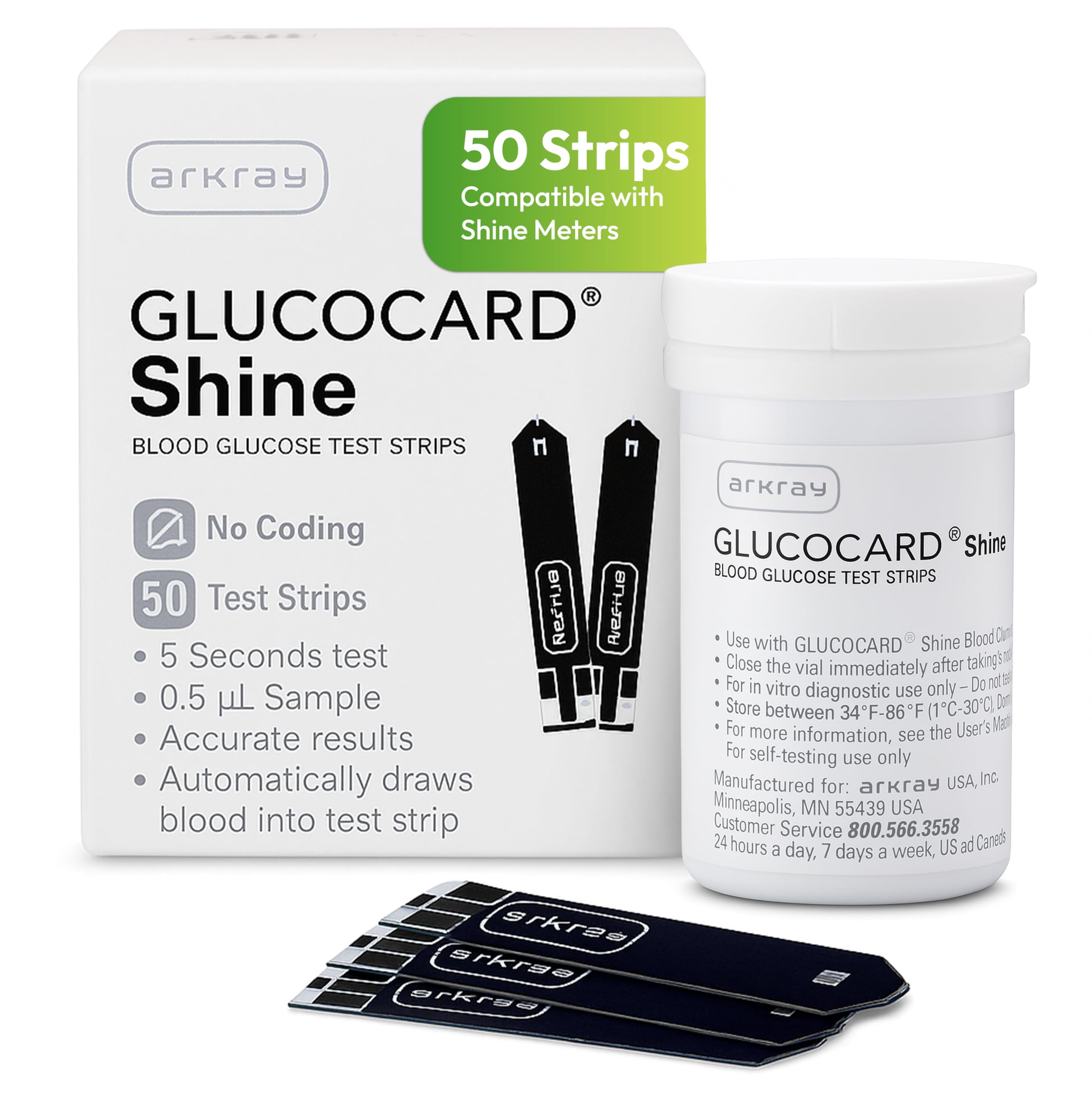 ARKRAY GLUCOCARD Shine Blood Glucose Test Strips – No Coding Required, Fast 5-Second Results, 0.5 Microliter Sample Size – Compatible with GLUCOCARD Shine Blood Glucose Meters, 50 Count