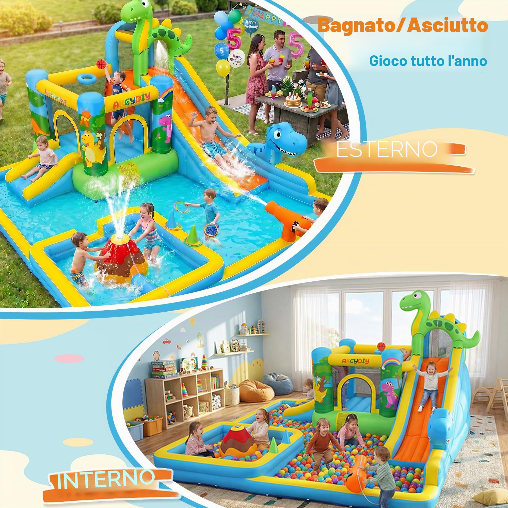 Gonfiabile acquascivolo castello gonfiabile con ventilatore per bambini 3+ anni, scivolo asciutto/acqua, parco acquatico dinosauro con 2 scivoli, piscina per bambini e piscina, cestino da basket
