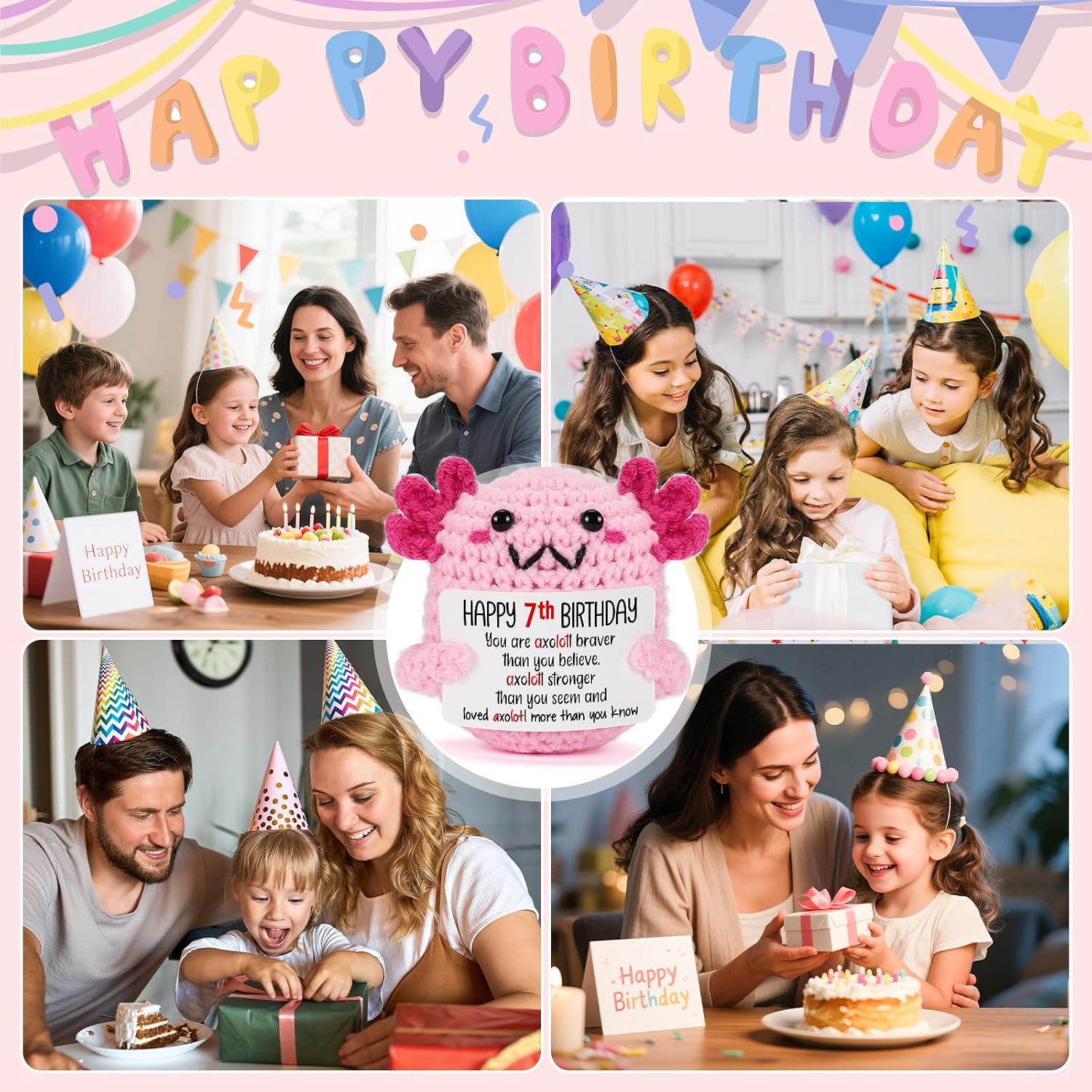 7 Year Old Girl Birthday Gift Ideas, Mini Crochet Axolotl Plush for 7th Birthday Gift for Girls, 7th Pink Decorations, 7 YO Presents Axolotl Toy,Unique Happy 7th Decoration Presents
