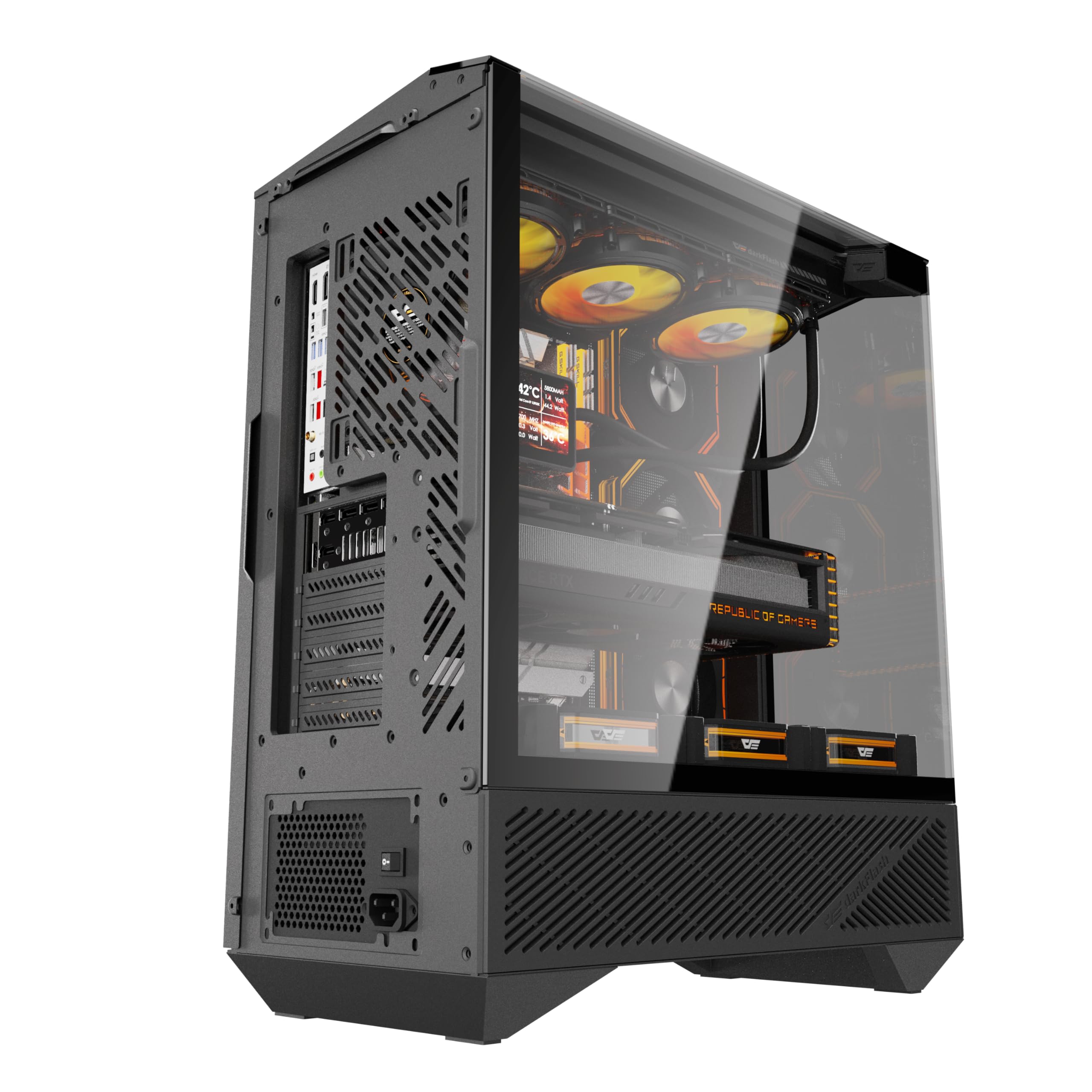 DarkFlash DY460 biała obudowa do komputera gamingowego ATX/M-ATX/ITX i 4 fabrycznie zainstalowane wentylatory ARGB, szkło hartowane 330°, maksymalna odległość GPU 400 mm, uchwyt chłodnicy 360 mm, USB