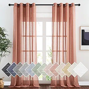 NICETOWN Linen Textured Semi Sheer Curtains for Large Windows, Ring Top Privacy with Light Filtering Flax Sheer Drapes for Bedroom/Living Room, Terracotta=Burnt Orange, W52 x L108, Set of 2