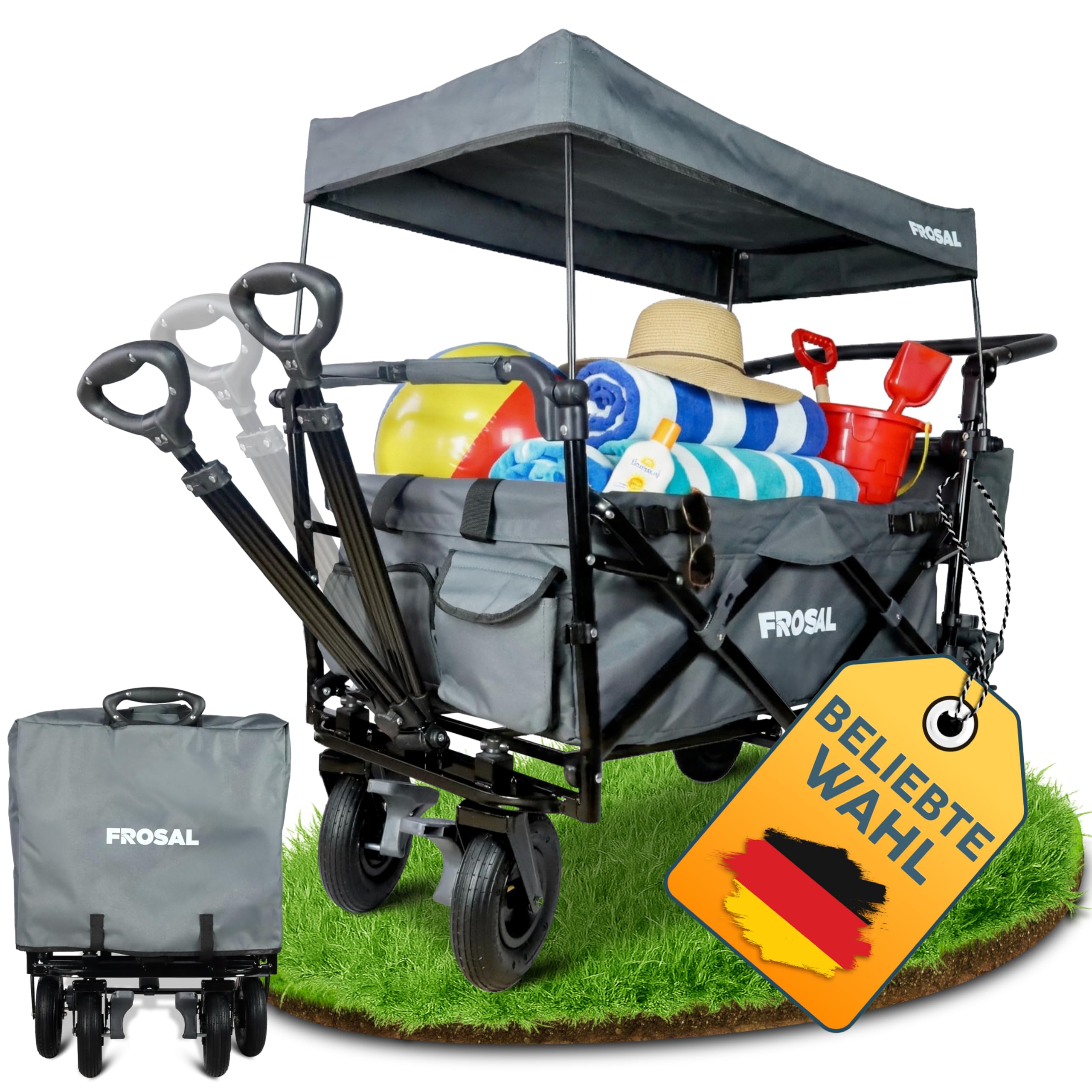 FROSAL Bollerwagen Leo faltbar mit Luftreifen & Dach – Handwagen klappbar für Strand, Camping & Garten – 80kg belastbar – mit Bremse, Schiebegriff & Zugstange – Transportwagen Kinder grau