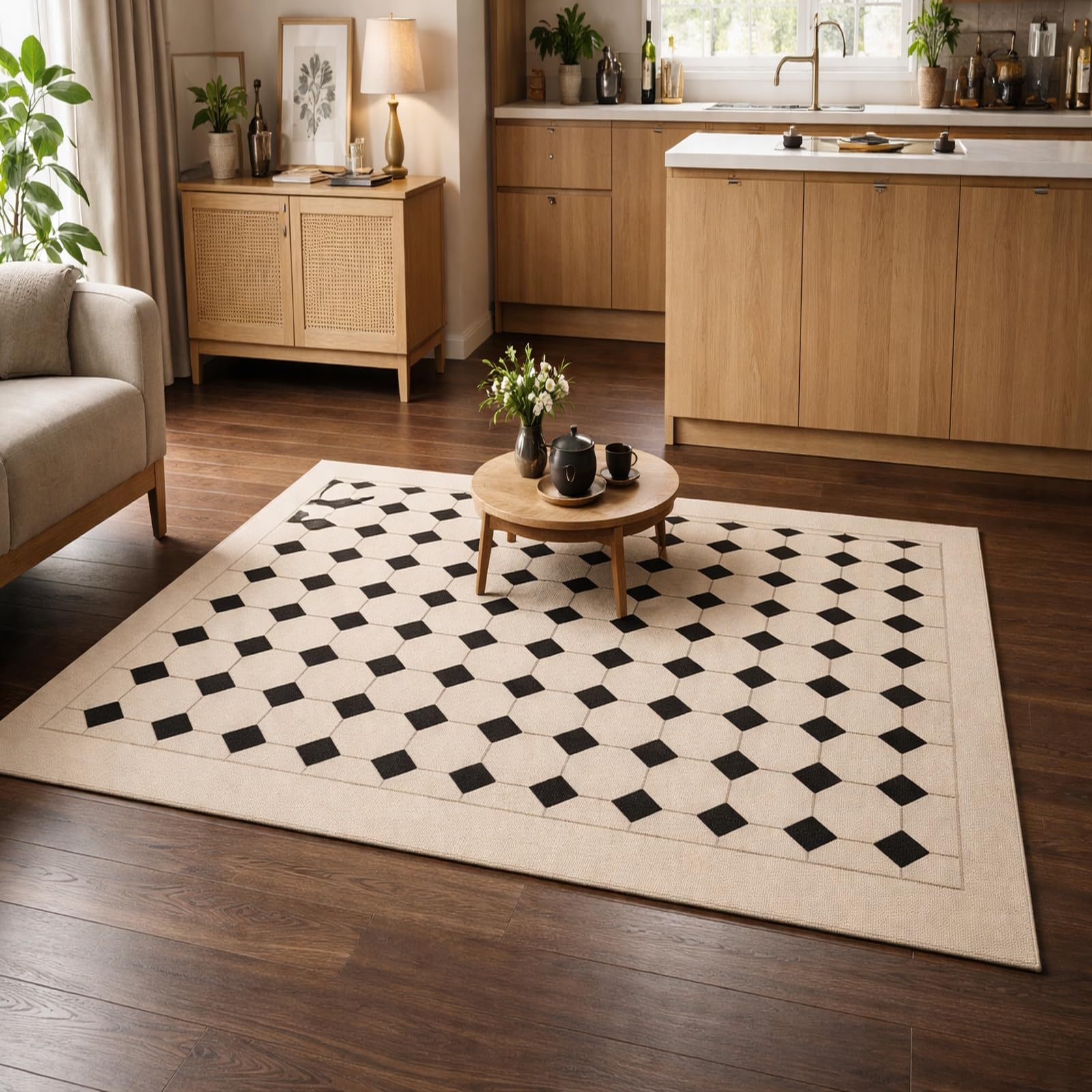 Alfombra de salón 160x200 cm beige lavable y geométrica
