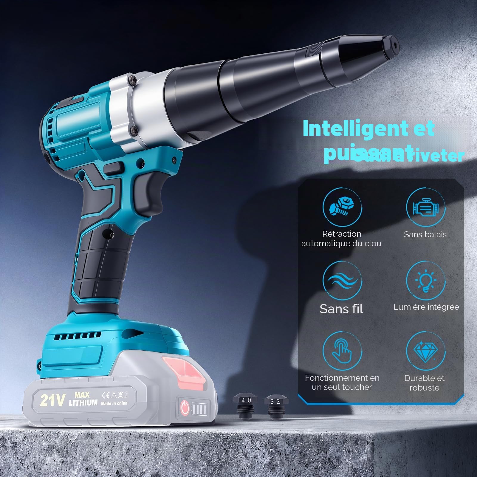 Pistolet à Rivets 18V Sans Fil, Moteur Brushless, Compatible avec les Batteries Makita 18V Série BL (Batterie Non Incluse), avec 3 Buses pour Rivets Alu & Inox 2,4-5,0mm