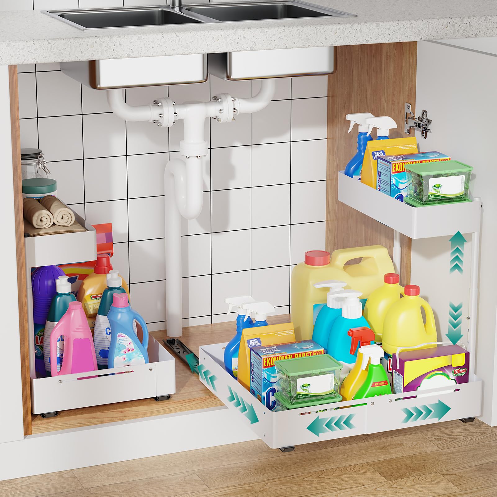 Organizador Bajo Fregadero Ajustable – Estante Extraíble de 2 Niveles, Ancho y Altura Expansible con Guías de Rodamientos, Organizador de Cocina y Baño (2 Unidades, Blanco)