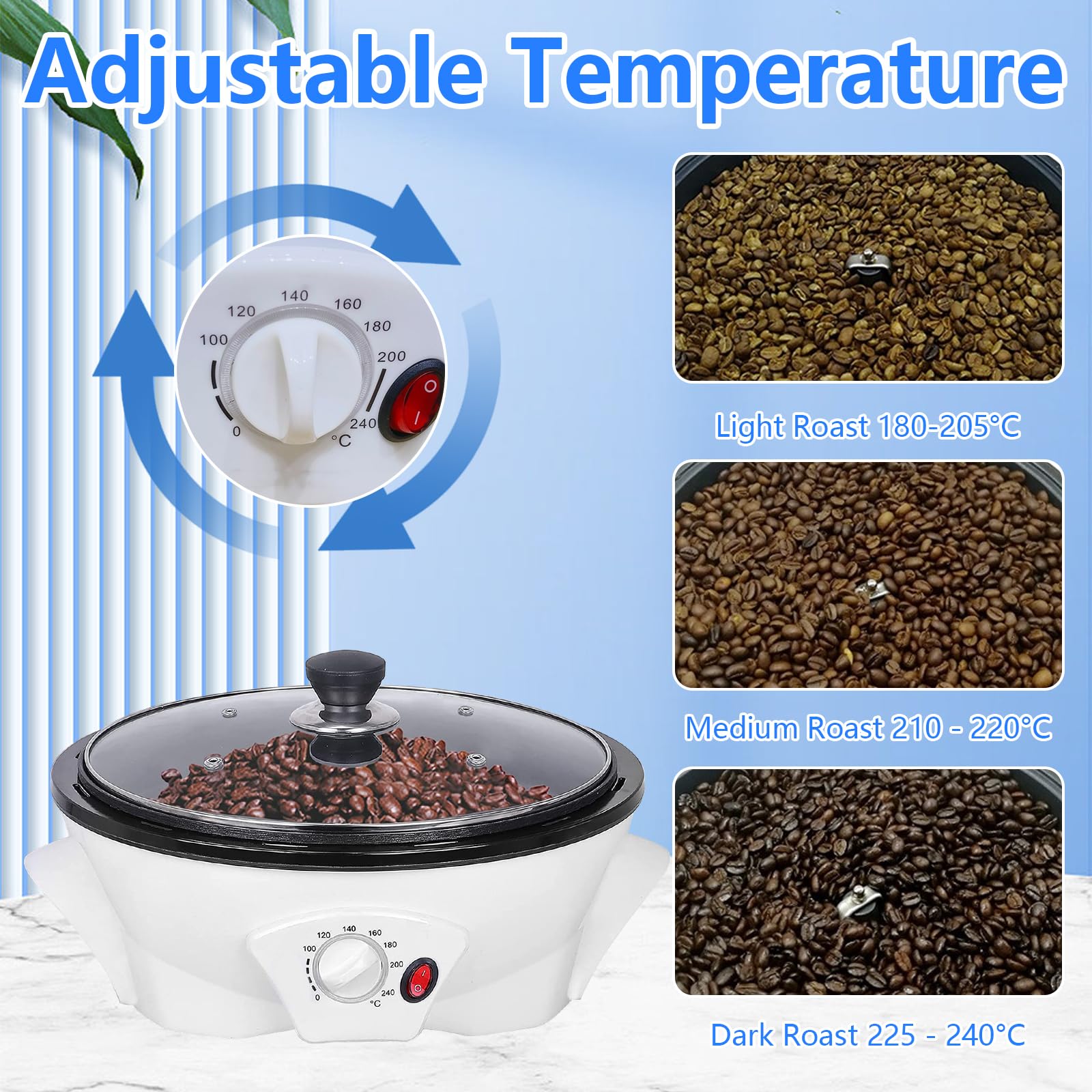 Torréfacteur De Café Électrique, 500g Machine À Torréfier Les Grains 1200W Pour La Maison Avec Minuteur Température Réglable 0-240°C Torréfaction Sans Fumée Pour Café, Noix Et Graines