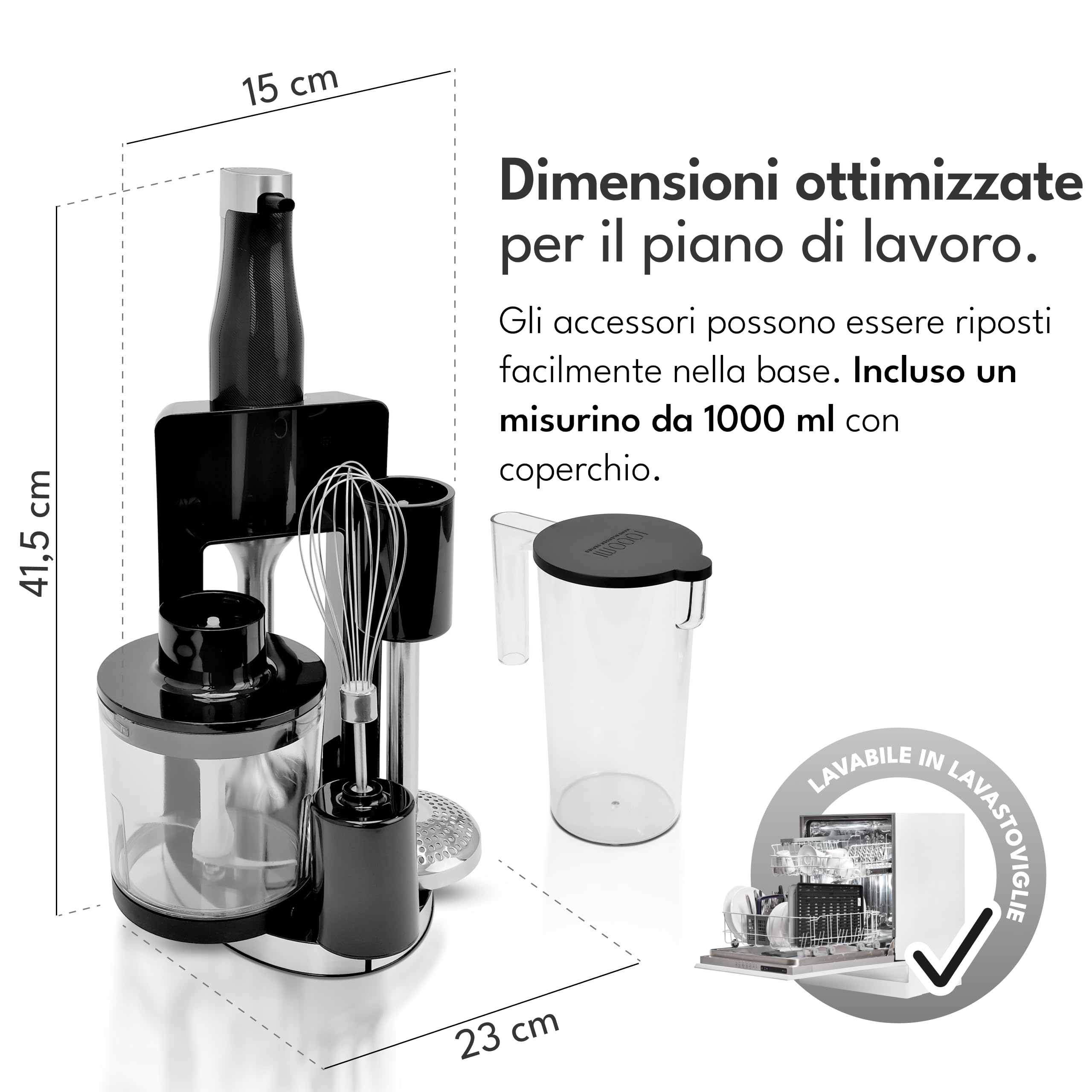 LEBENLANG Frullatore a Immersione 6IN1-1200W Acciaio Inox I Misurino da 800ML & Paraspruzzi I Regolazione Continua & Turbo I Frullatore Tritatutto Multifunzione I Mixer Cucina Hand Blender