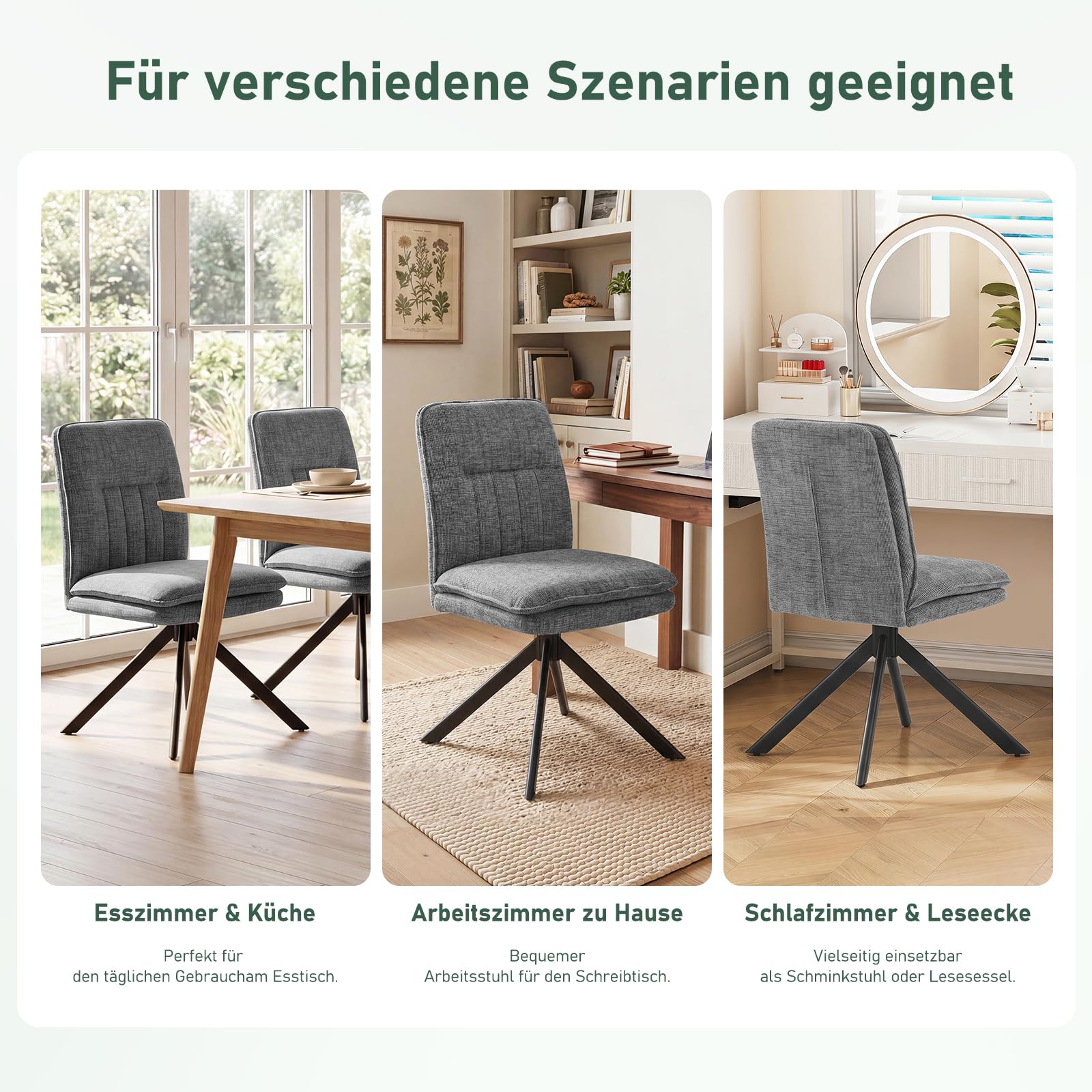 2er Set 360° Drehbar Esszimmerstühle Grau, Ohne Armlehnen, Doppelte Polsterung & Bogen-Rückenlehne, Chenille mit Drehfunktion & justierbaren Bodenschonern, Moderne Esszimmerstühle
