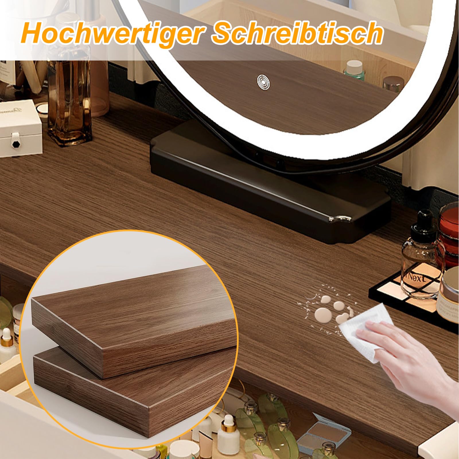 Schminktisch mit Holzmaserung, L-förmiger Frisiertisch mit Spiegel, Moderner Ecke Kosmetiktisch mit 5 Schubladen und Schrank, Einfach zu Montieren für Mädchen Schlafzimmer, 100cm