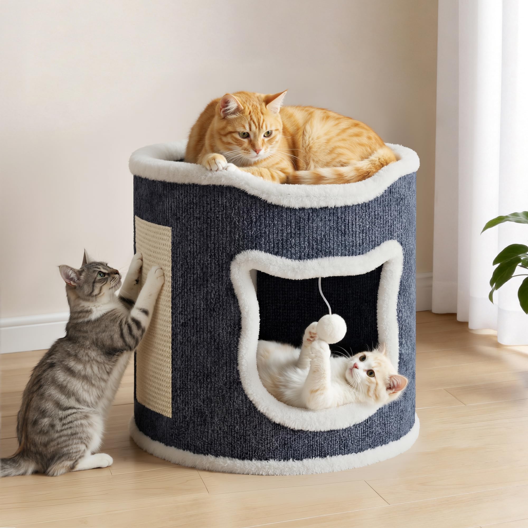 Maison pour Grand Chat, capacité Charge 30 kg, lit Confortable avec griffoir et Balle Jeu, Forme cylindrique, Convient aux Chats Taille Moyenne à Grande, Gris, Couche