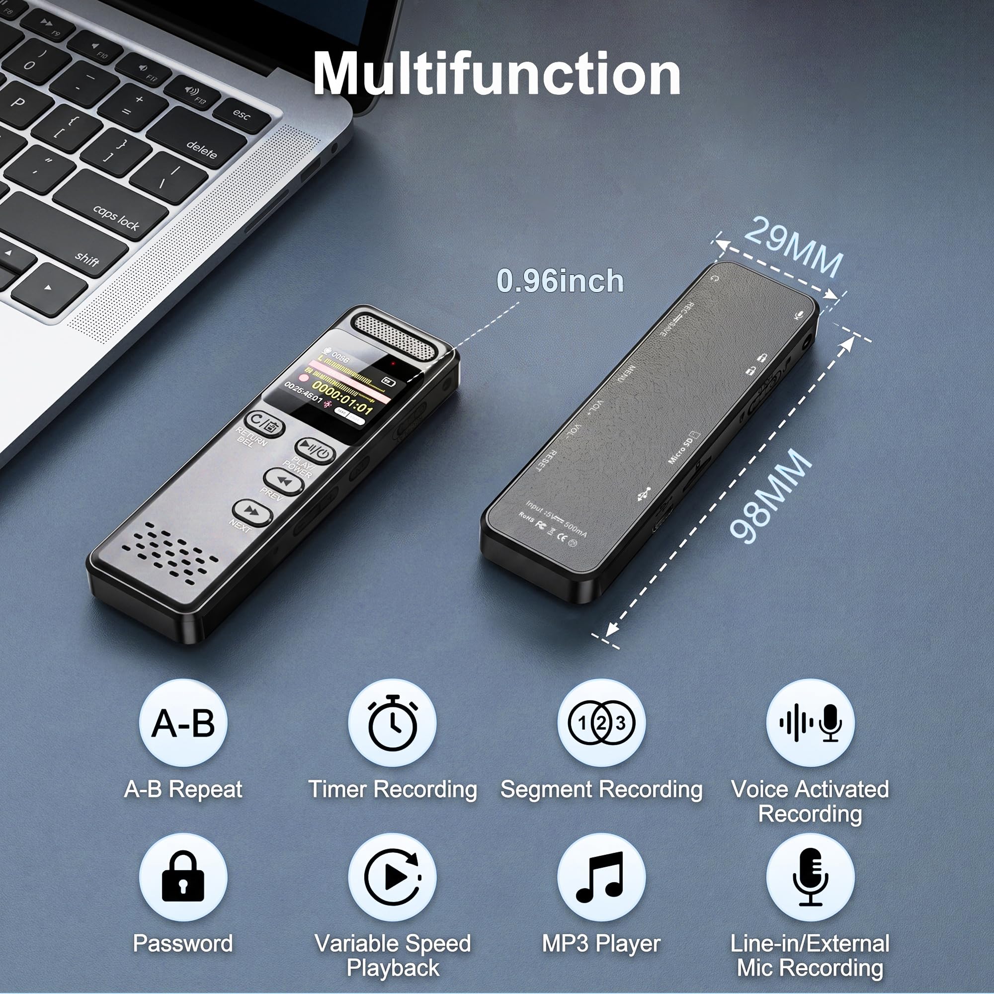 Enregistreur Vocal Numérique,Enregistrement HD (3072kbps) Réduction du Bruit Dictaphone Facile à Utiliser, Lecteur MP3 avec Verrouillage et Charge Type-C pour Conférences Entretiens Réunions (64GB)