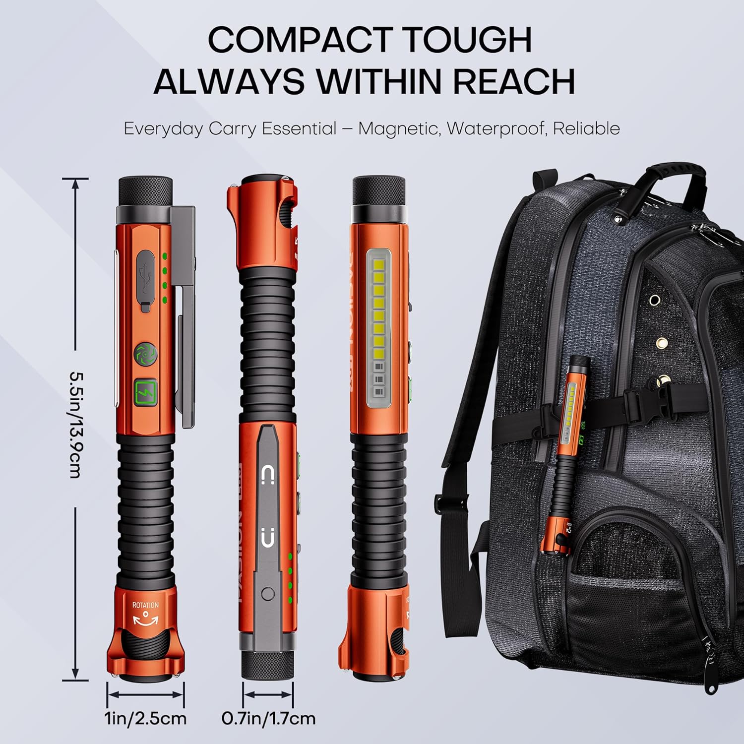 EDC Flashlight Rechargeable,800 Lumen Small Flashlight with Magnetic Clip & Base, 11 Modes LED Flashlight,Glass Breaker&Bottle Opener, USB-C Flashlight for Working,Home and Emergency