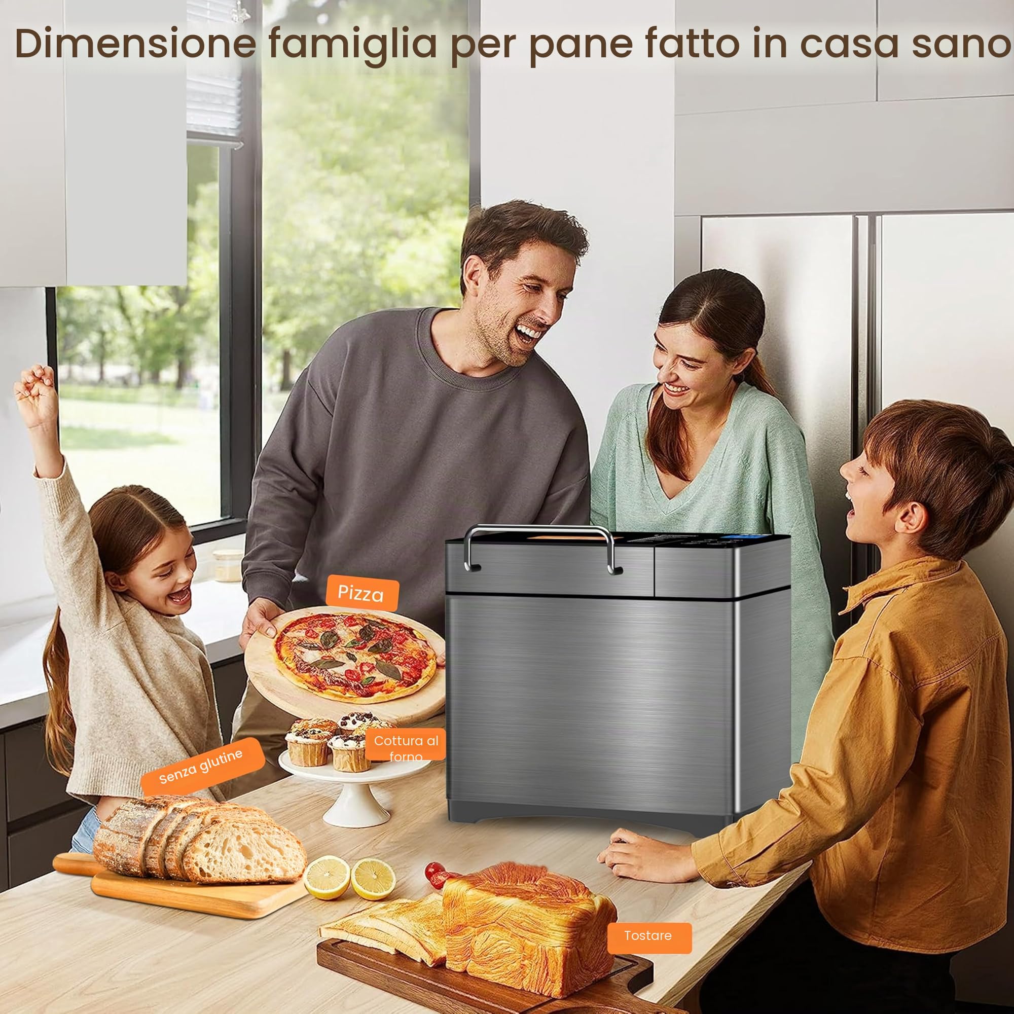 Macchina per il pane di alta qualità in acciaio inox con stampo sano in ceramica, touch screen intelligente e doppi sensori di temperatura, 17 programmi automatici, distributore automatico di