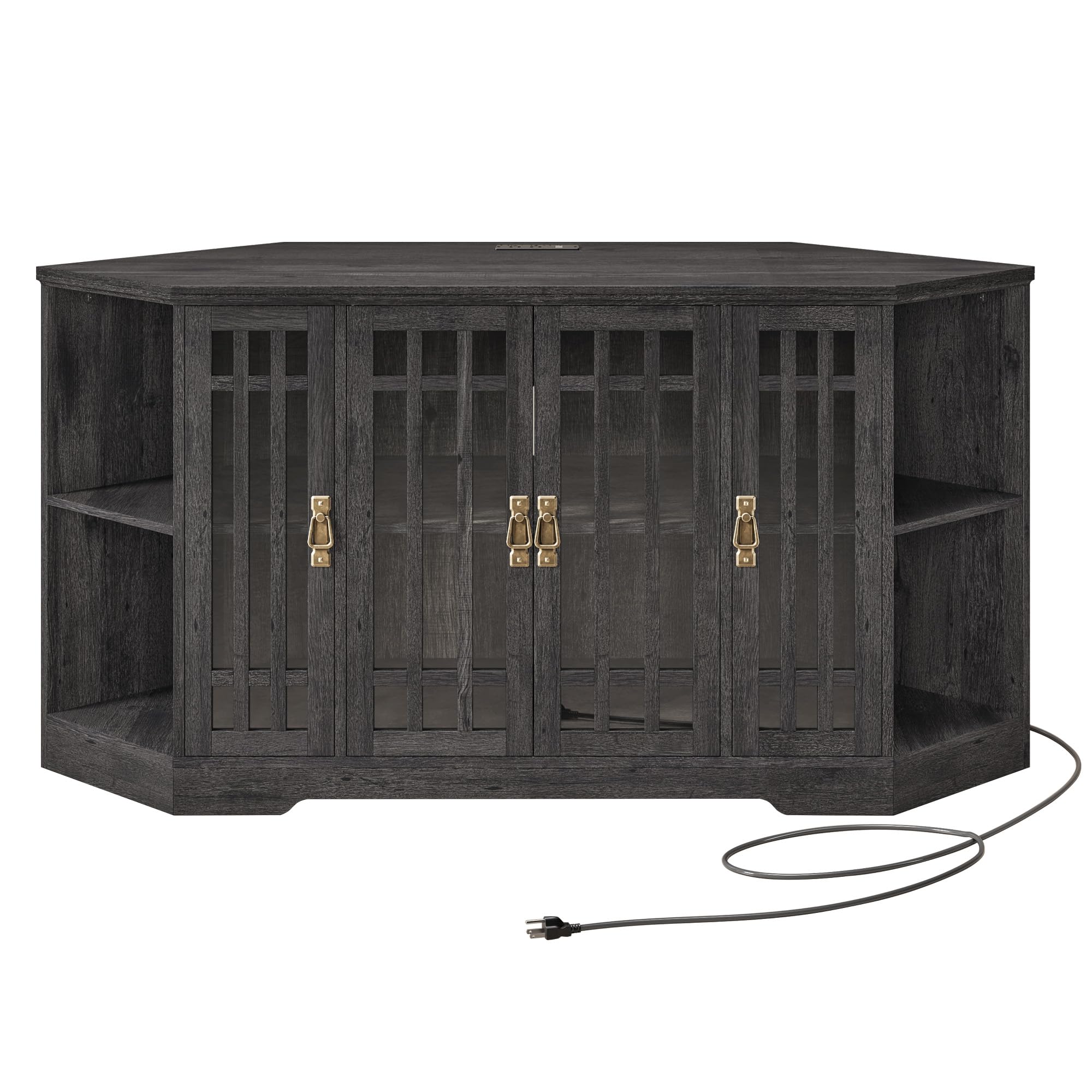 IRONCK Corner TV Stand for TVs up to 60 Inch with Power Outlet, Corner Entertainment Center with Storage Cabinet and Glass Doors, Mid Century Modern TV Stand for Living Room, Bedroom, Charcoal Grey